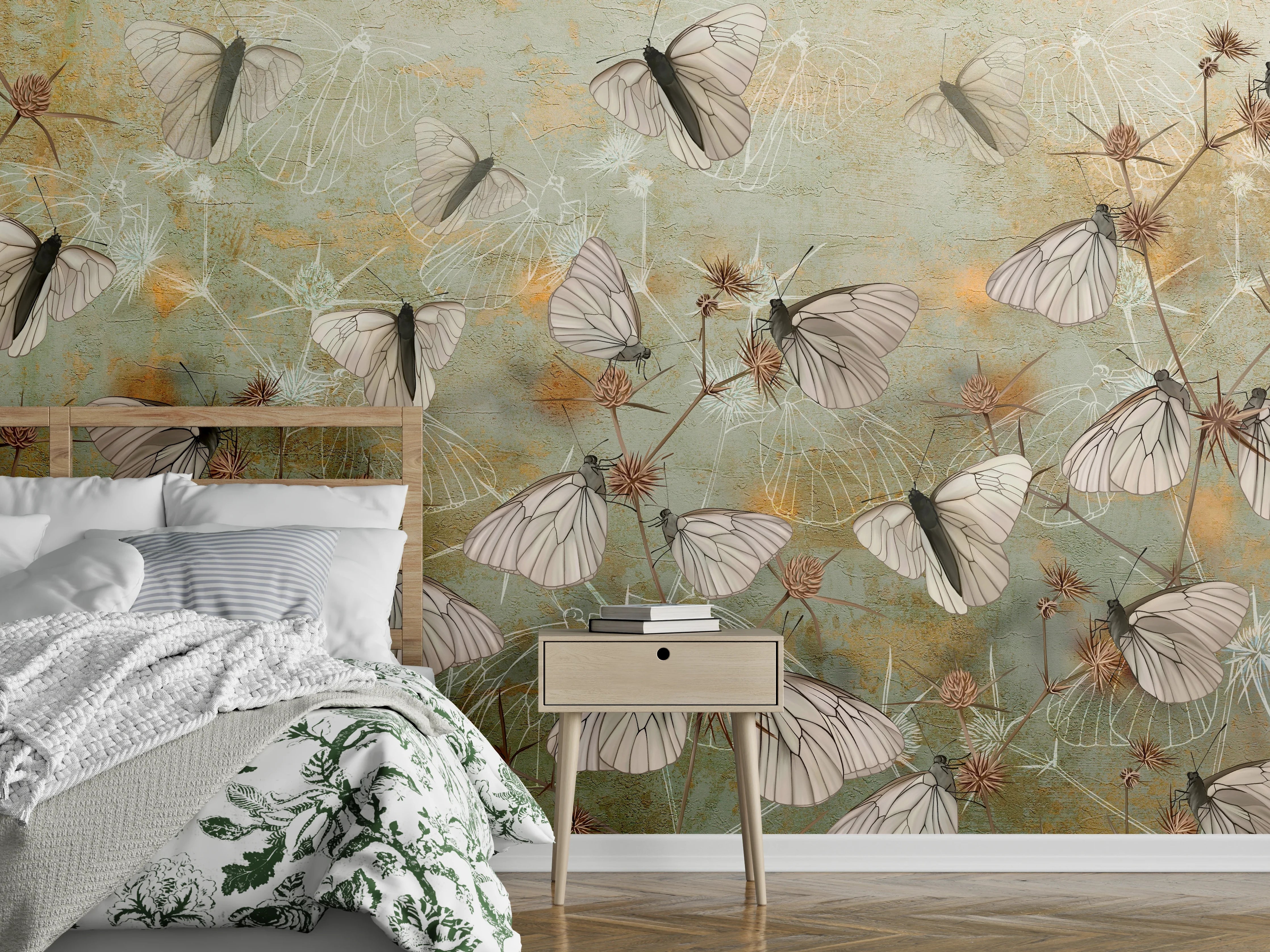 Wandverkleidung Schlafzimmer - Zarte Schmetterlinge auf Pastell-Grün