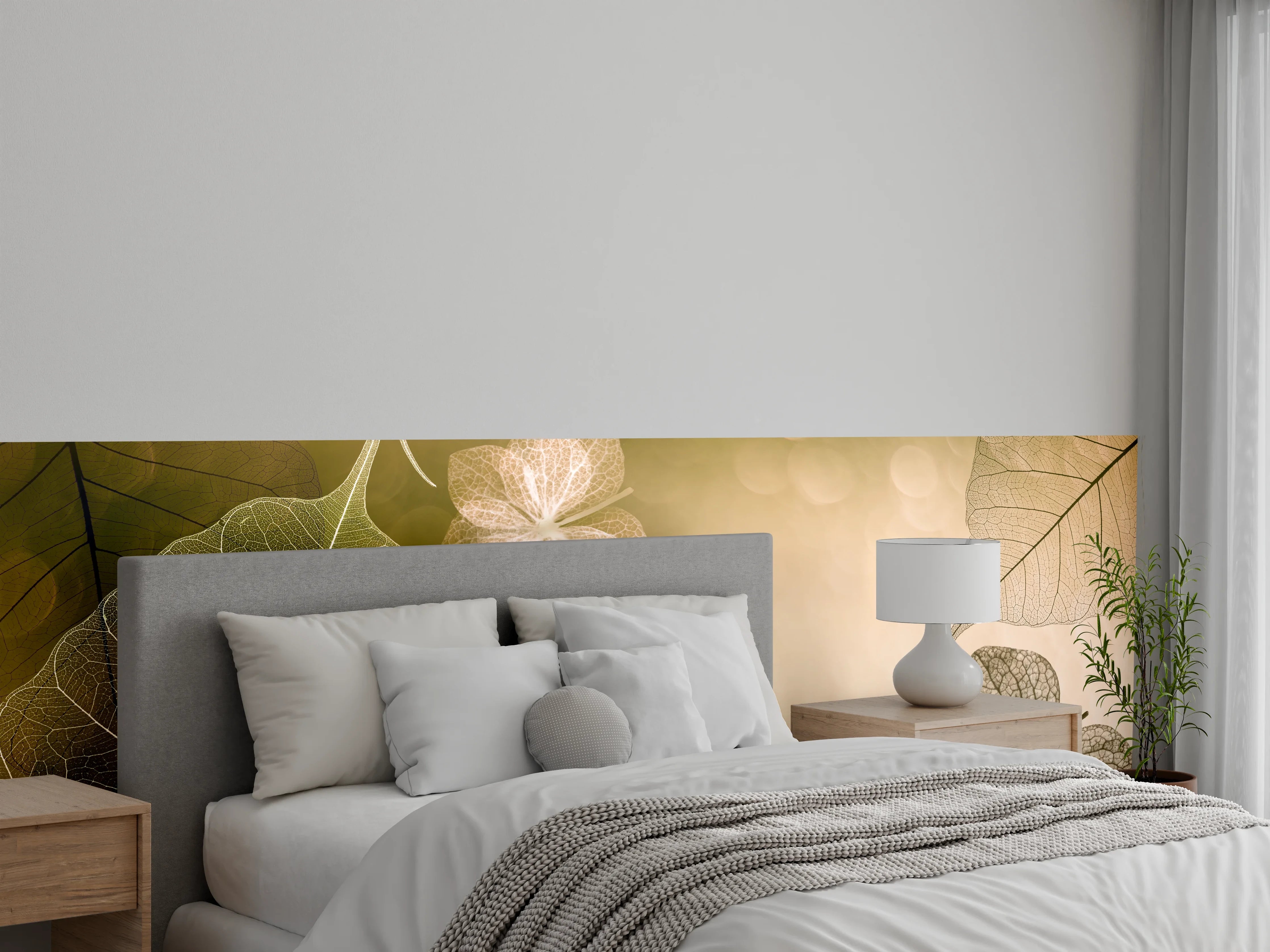 Wandverkleidung Schlafzimmer - Zarte Skelettblätter auf sanftem Beige