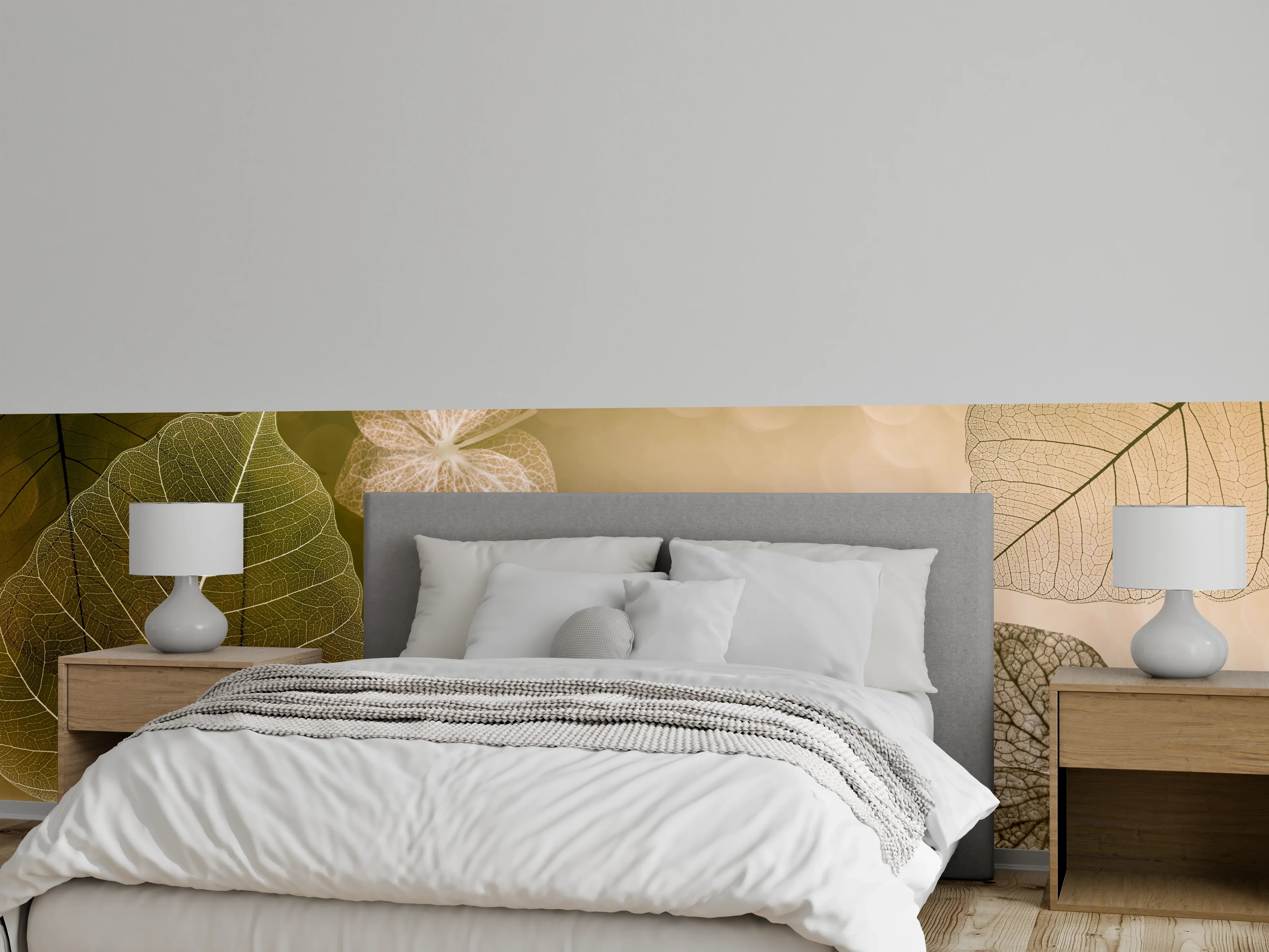 Wandverkleidung Schlafzimmer - Zarte Skelettblätter auf sanftem Beige