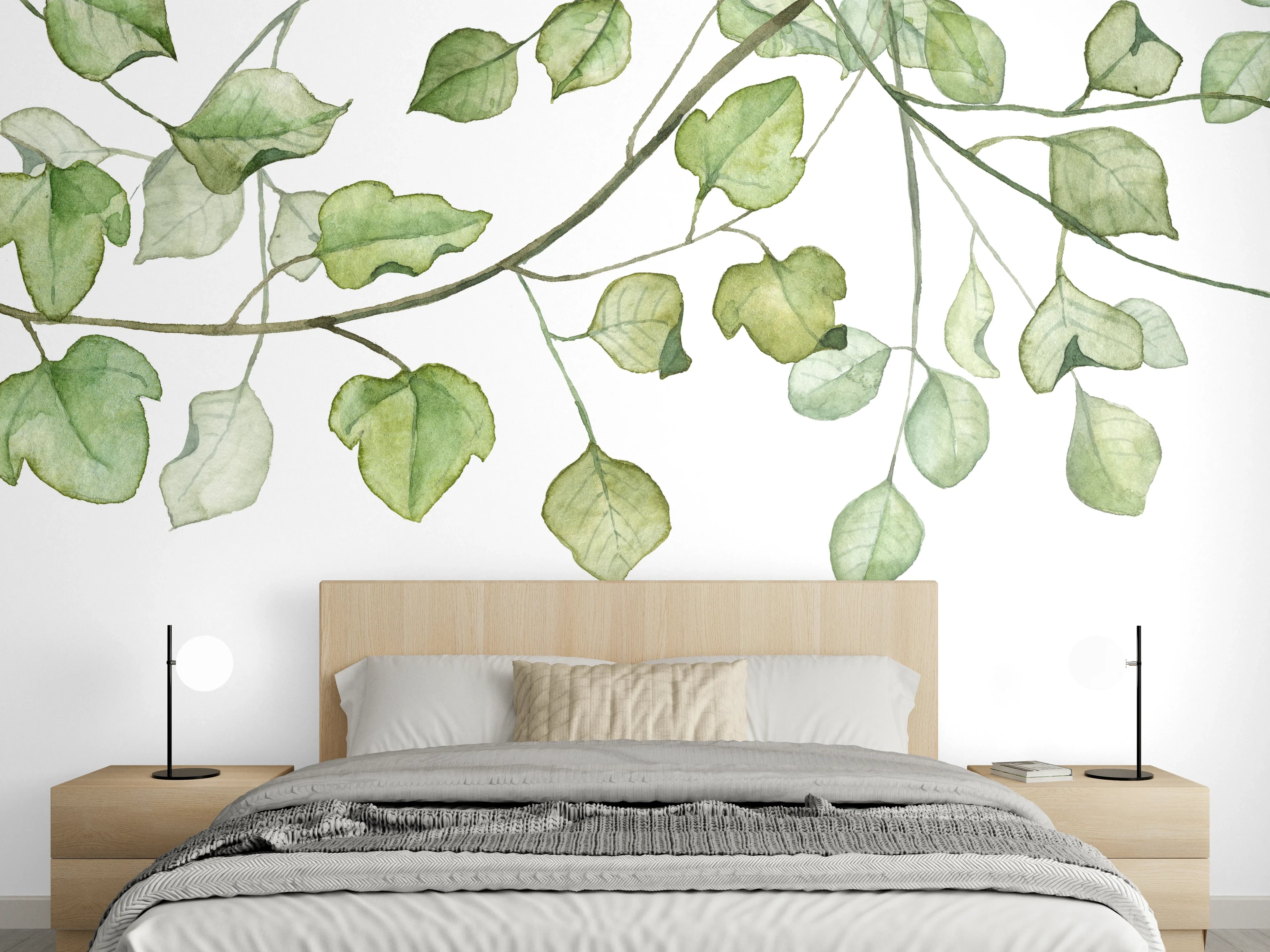 Wandverkleidung Schlafzimmer - Zarte grüne Blätter auf weißem Grund