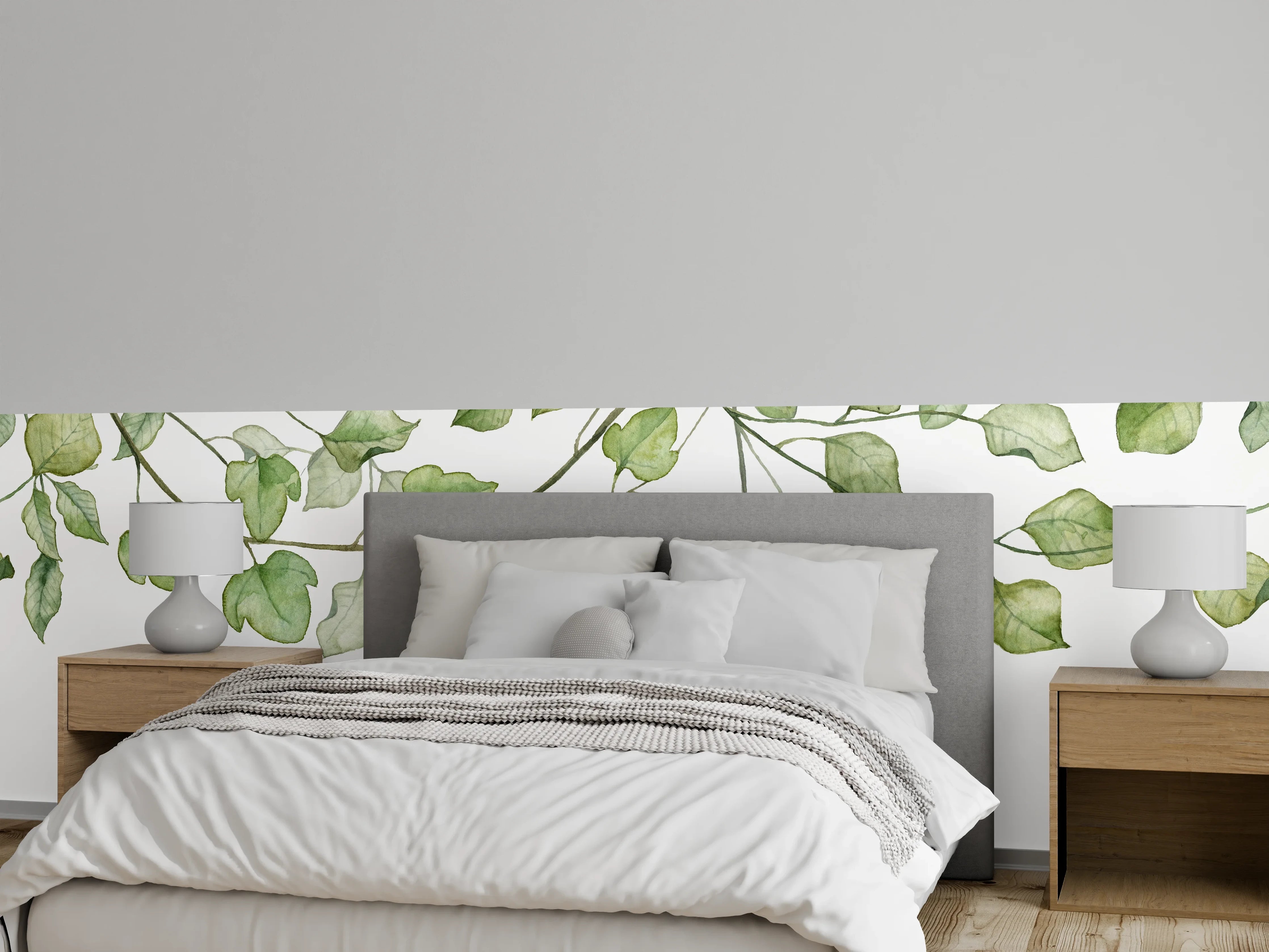 Wandverkleidung Schlafzimmer - Zarte grüne Blätter auf weißem Grund