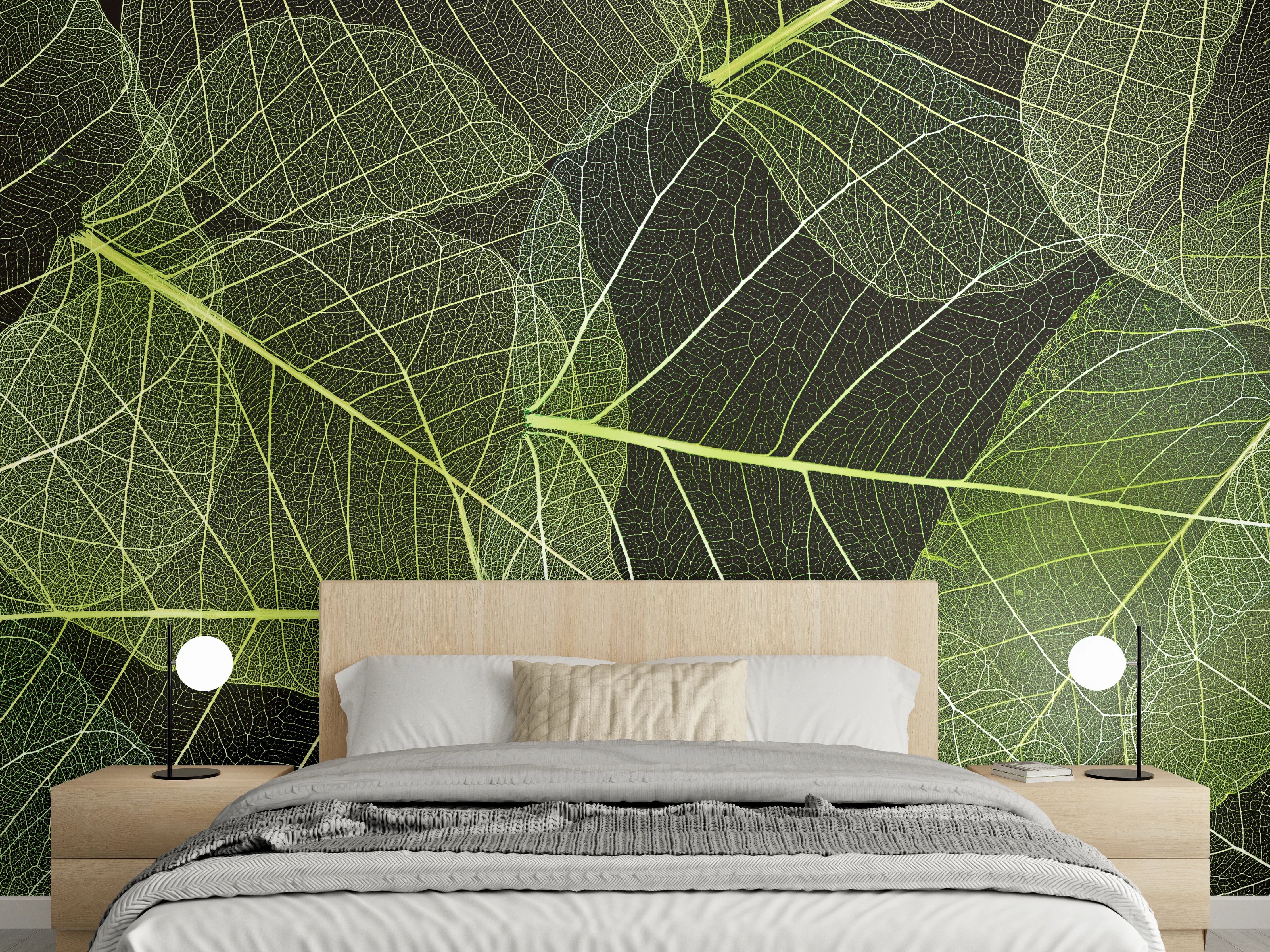 Wandverkleidung Schlafzimmer - Zarte grüne Blätter, filigrane Struktur