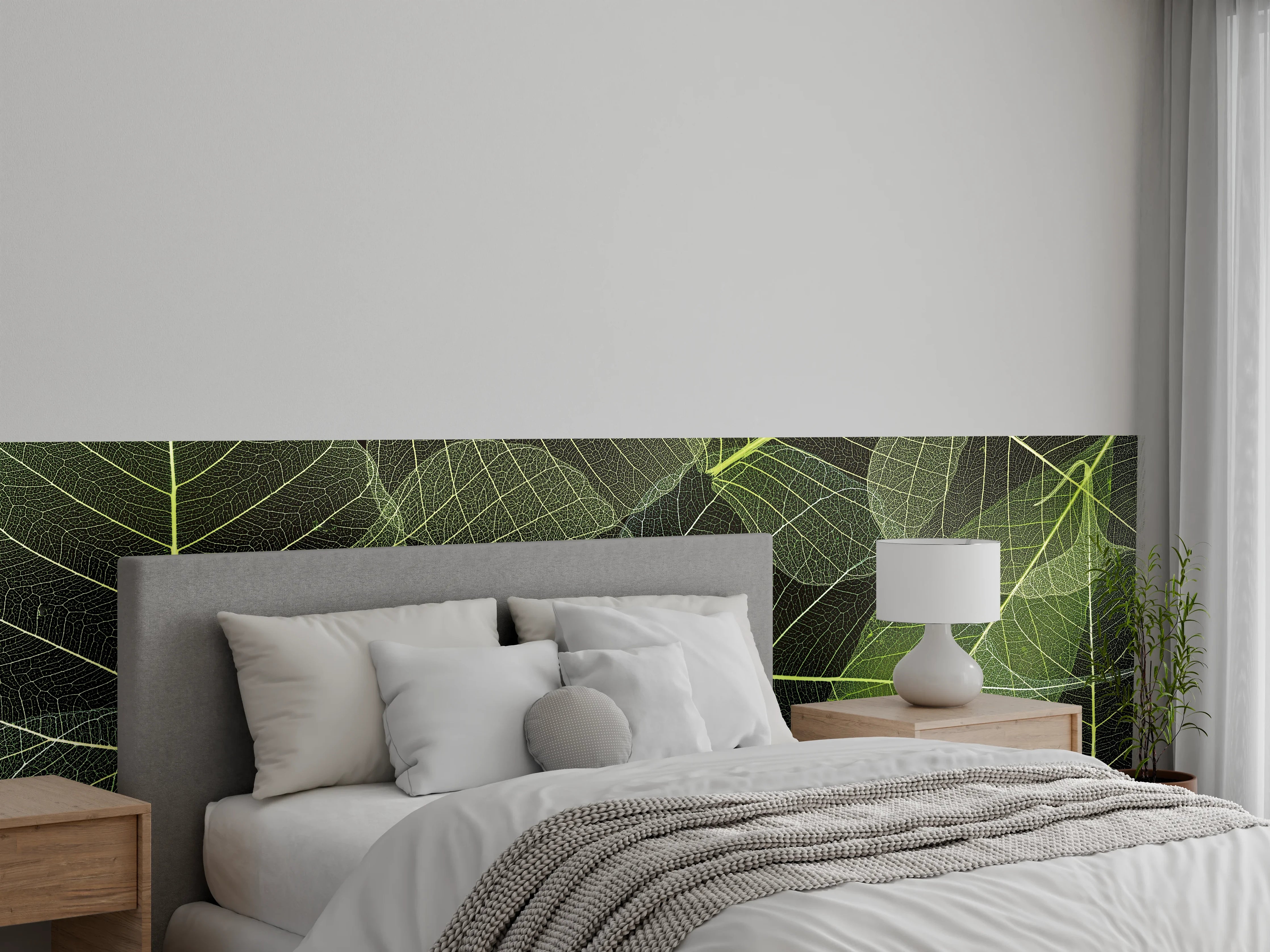 Wandverkleidung Schlafzimmer - Zarte grüne Blätter, filigrane Struktur