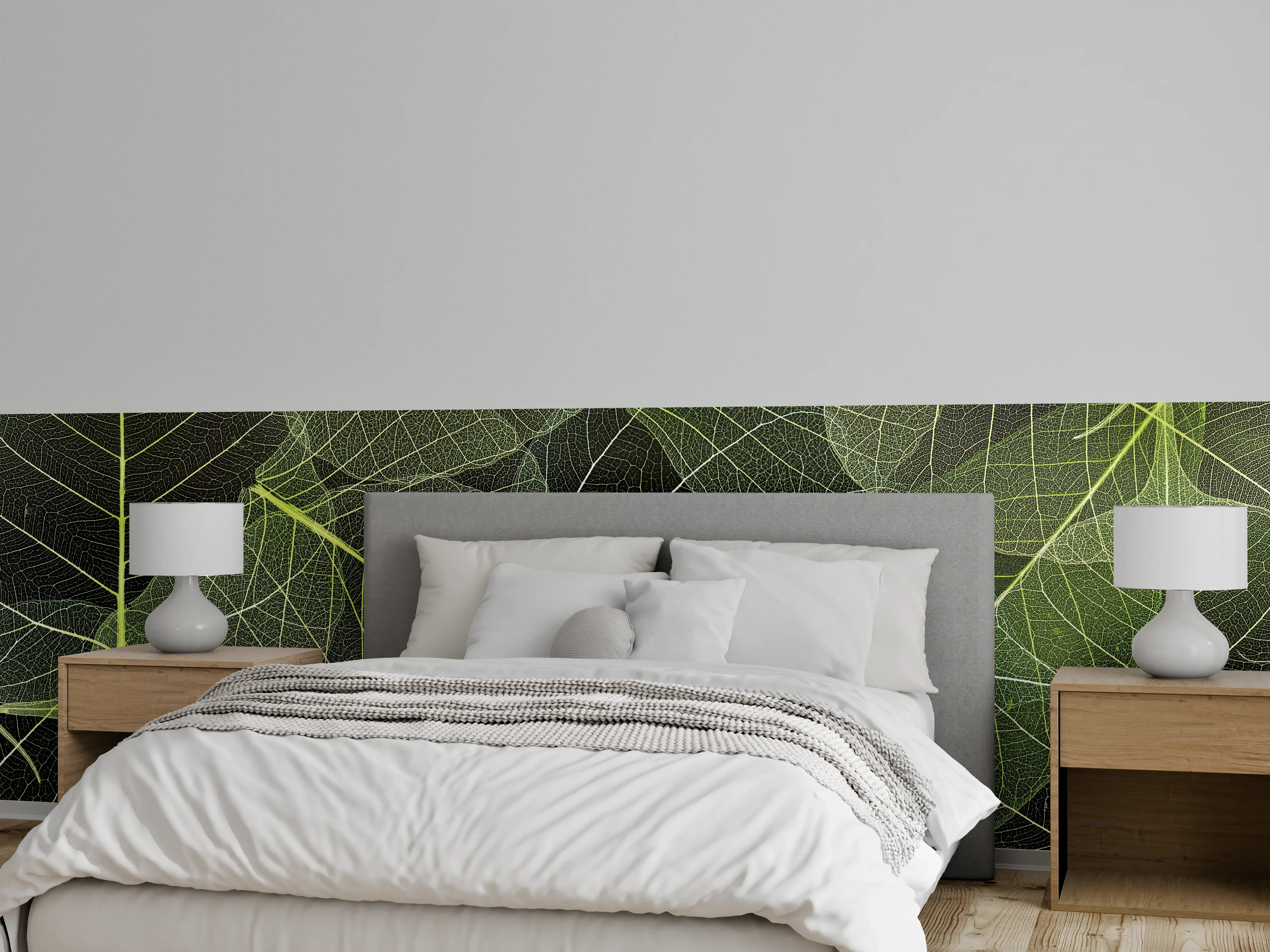 Wandverkleidung Schlafzimmer - Zarte grüne Blätter, filigrane Struktur