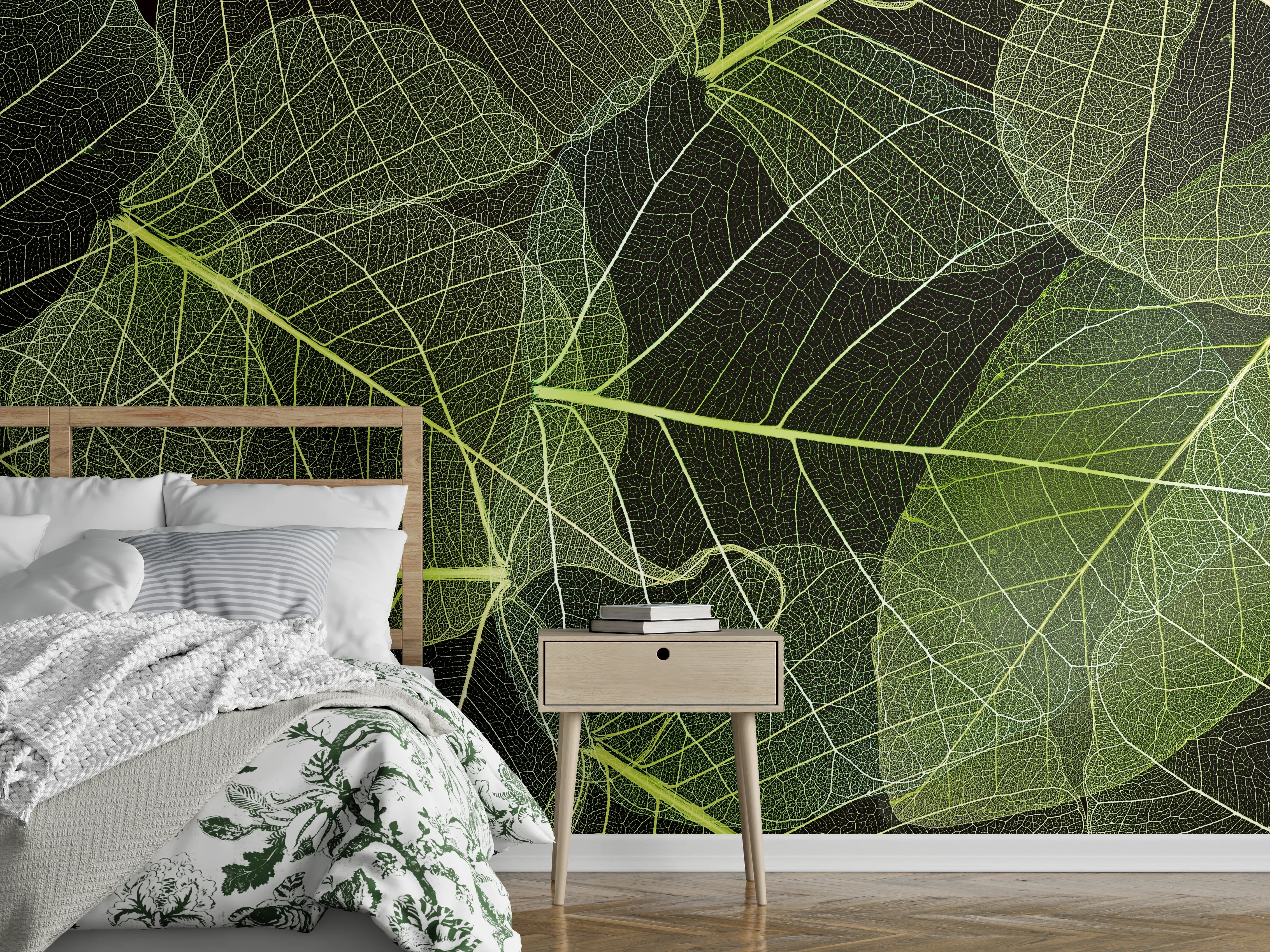 Wandverkleidung Schlafzimmer - Zarte grüne Blätter, filigrane Struktur