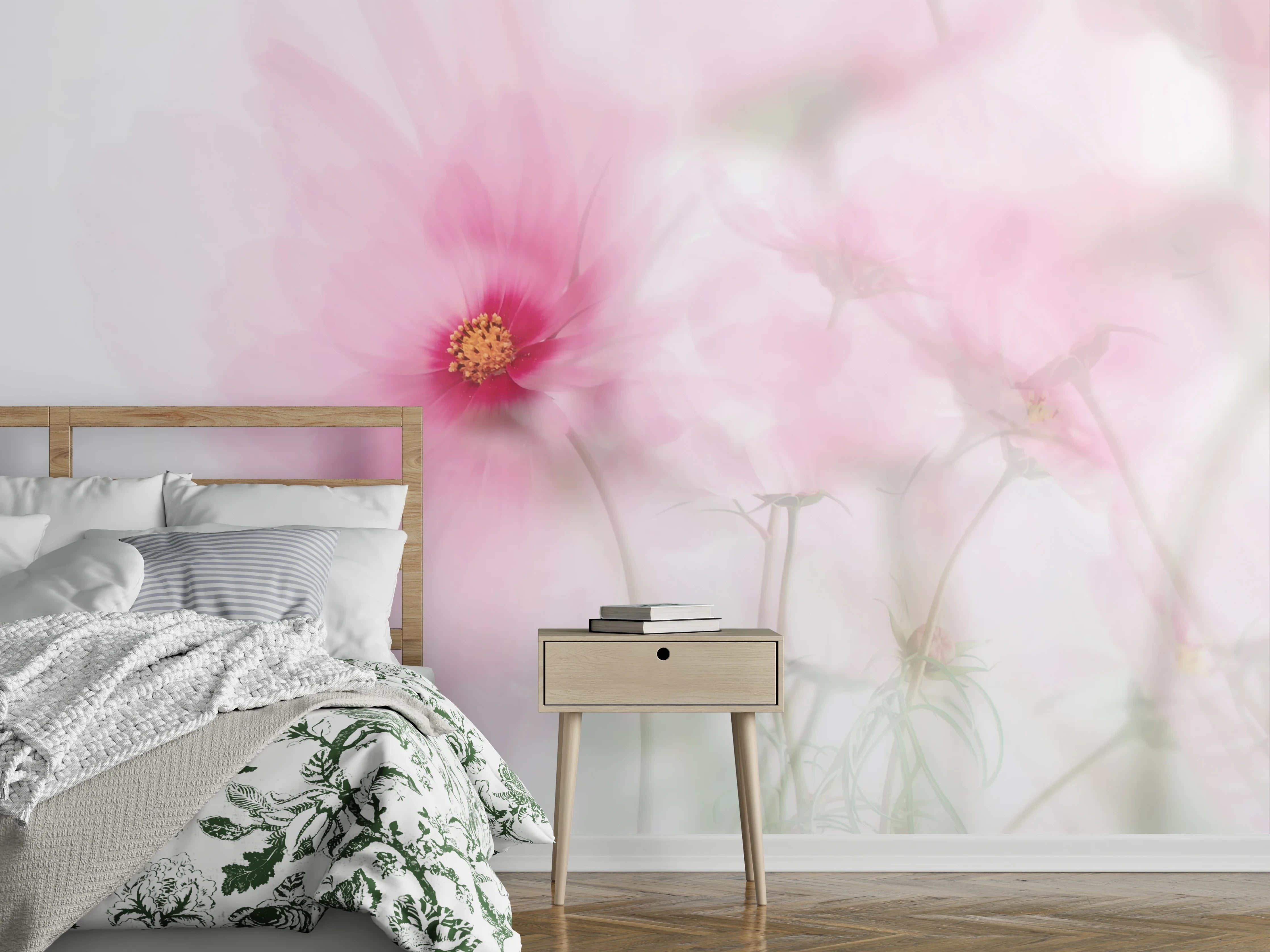 Wandverkleidung Schlafzimmer - Zarte rosa Aquarell-Blume auf Weiß