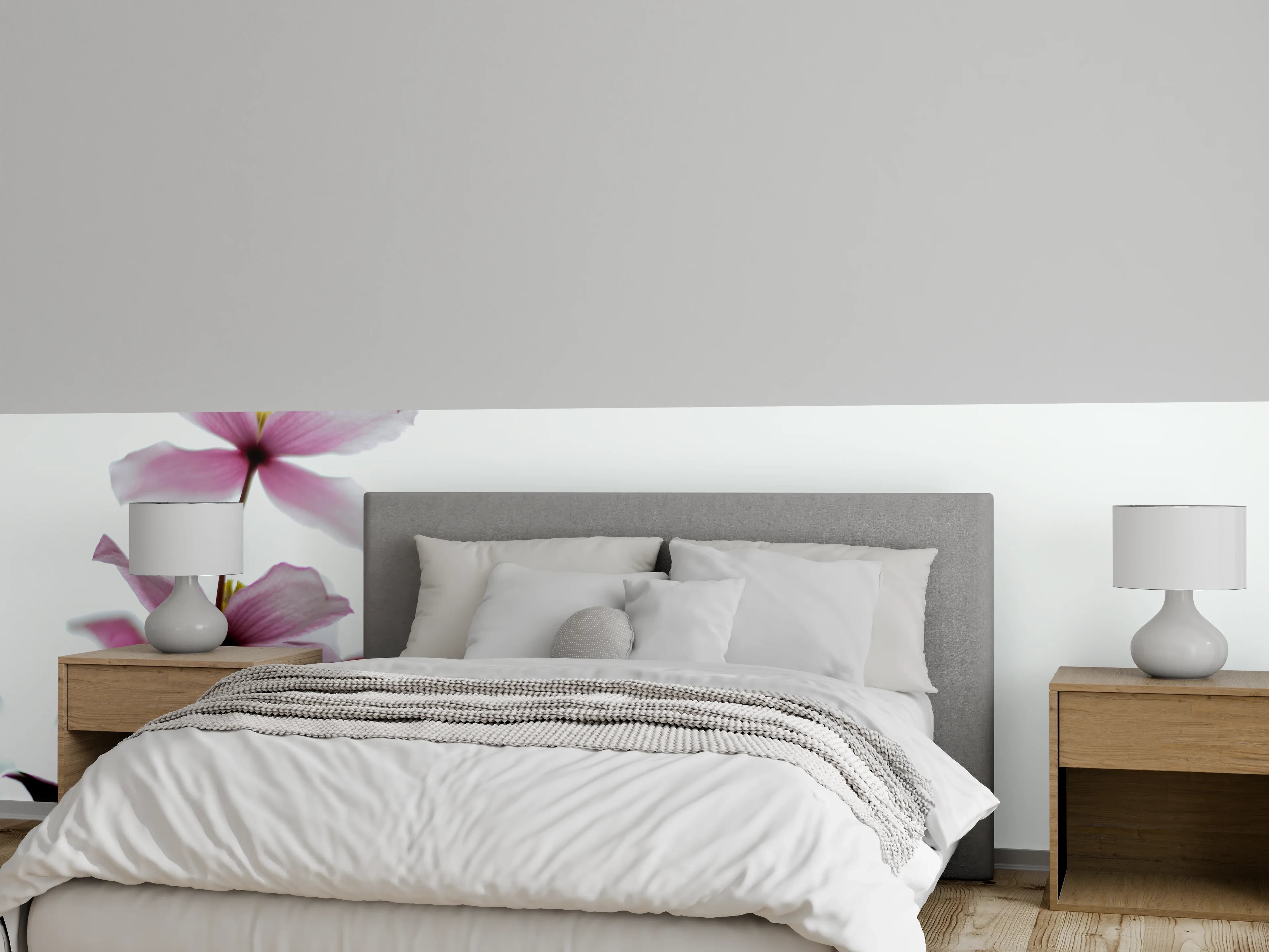 Wandverkleidung Schlafzimmer - Zarte rosa Blüten vor weißem Hintergrund