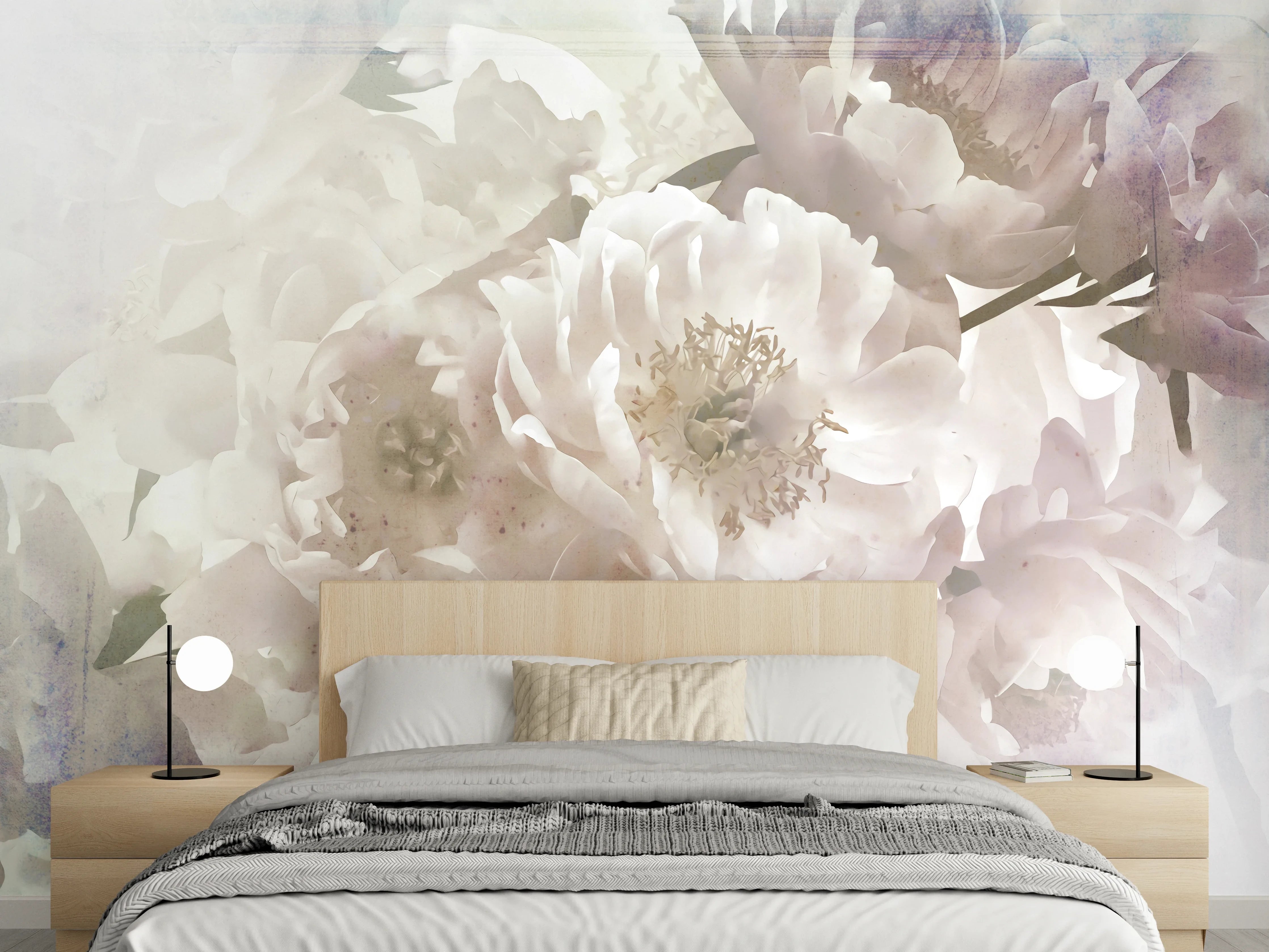 Wandverkleidung Schlafzimmer - Zarte weiße Pfingstrosen Aquarell