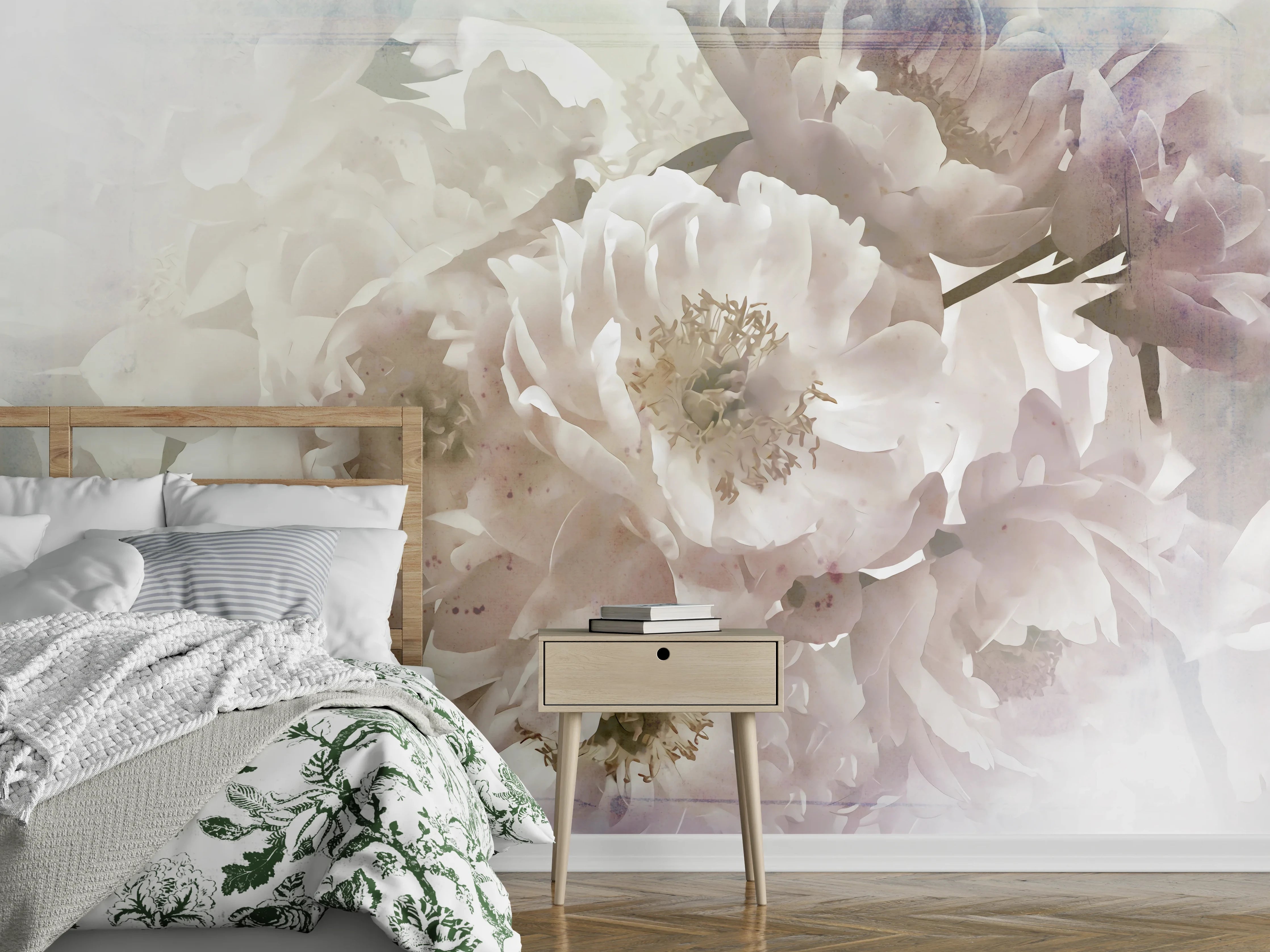 Wandverkleidung Schlafzimmer - Zarte weiße Pfingstrosen Aquarell