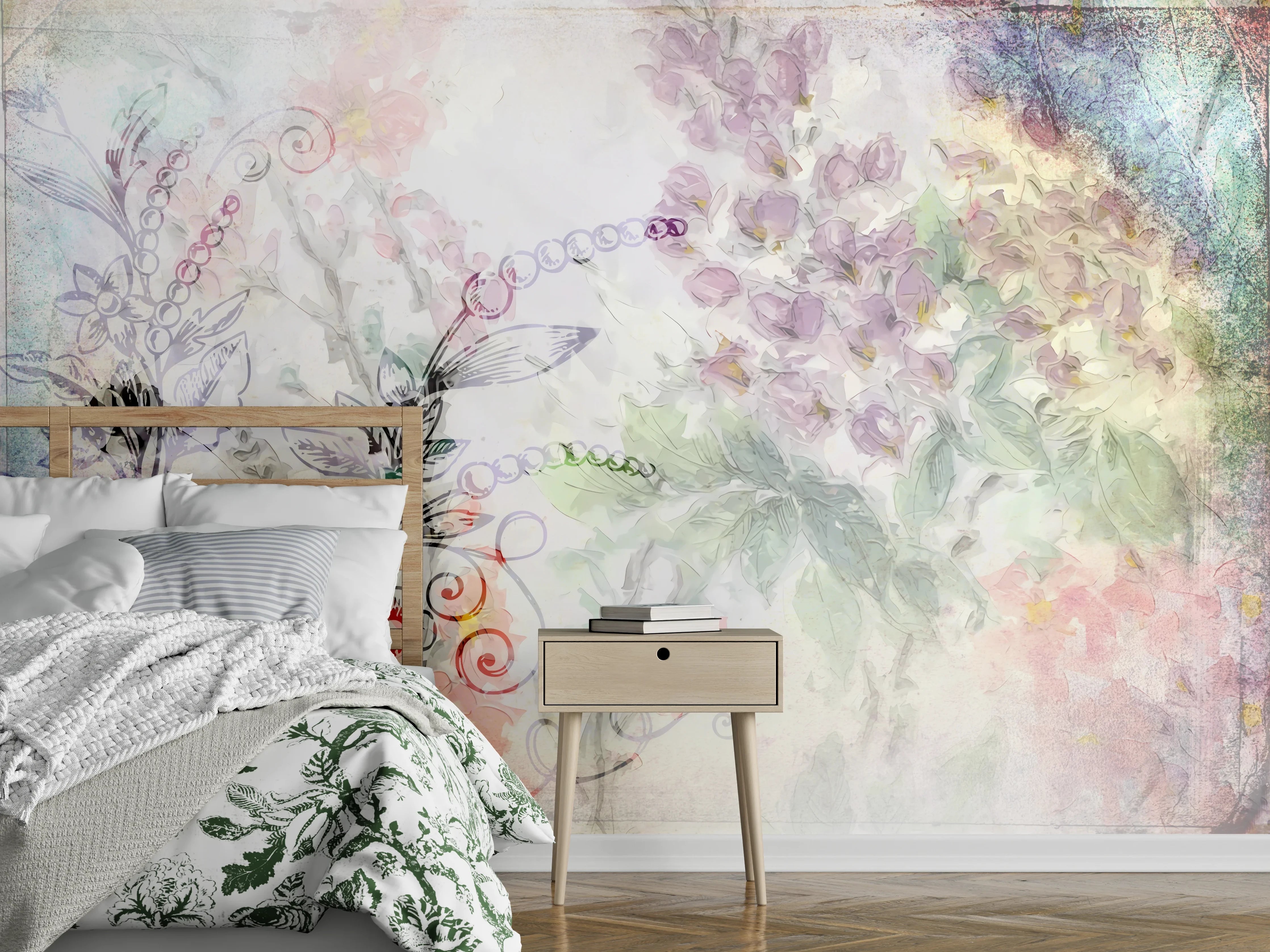 Wandverkleidung Schlafzimmer - Zartes Aquarell Blumenmuster Pastell