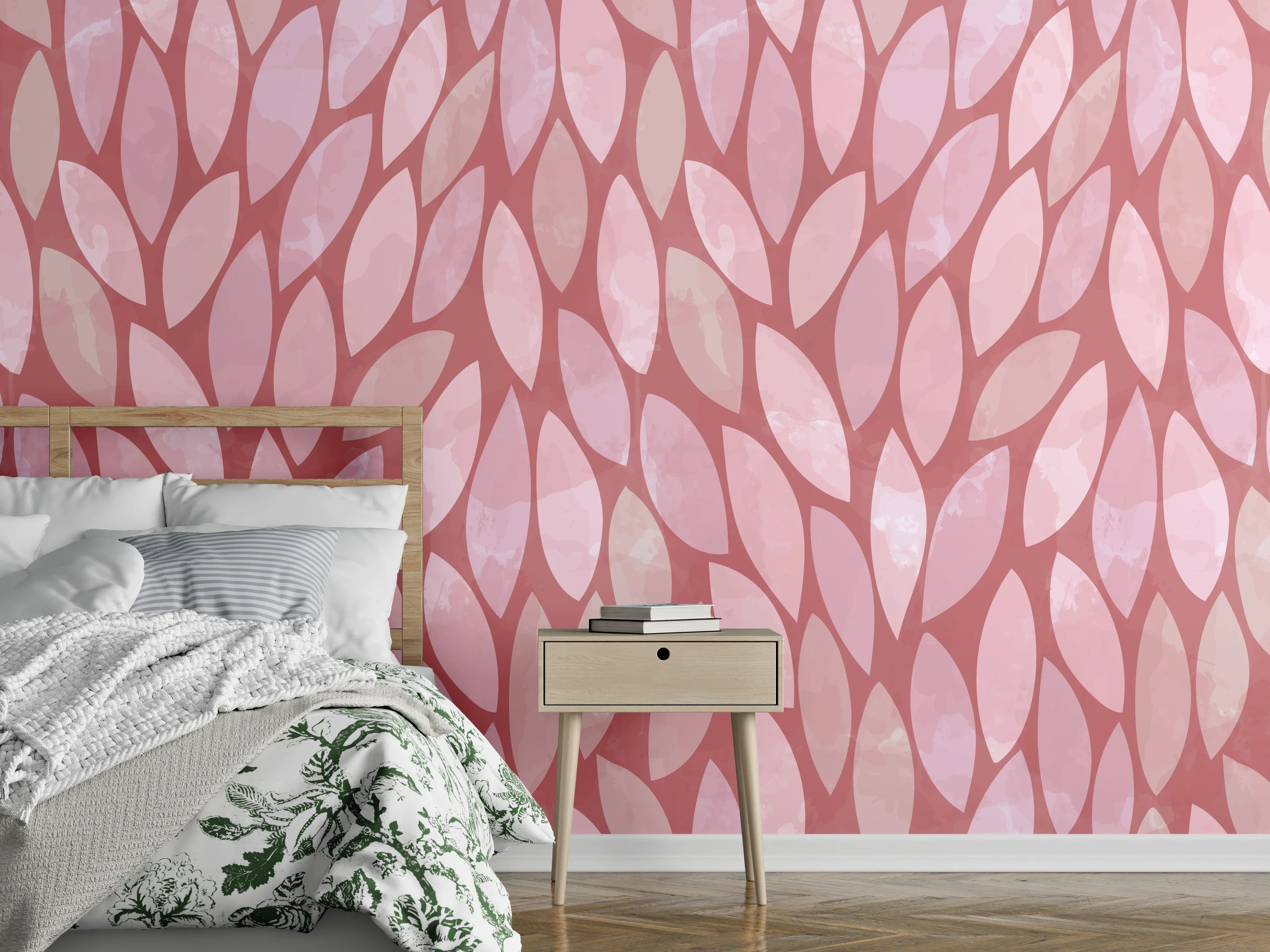 Wandverkleidung Schlafzimmer - Zartes Blättermuster in Rosa & Rot