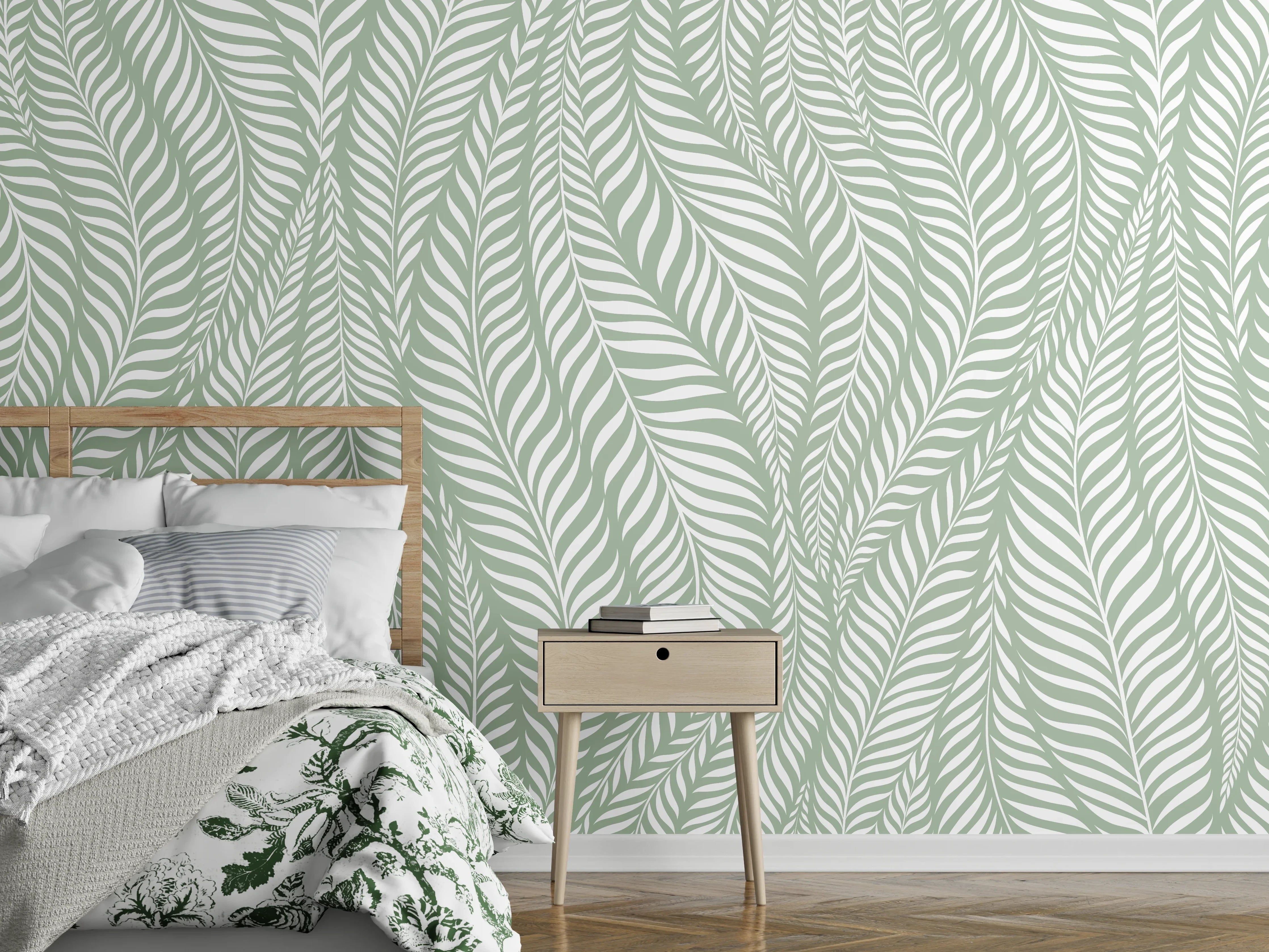 Wandverkleidung Schlafzimmer - Zartes Blättermuster in sanftem Mintgrün