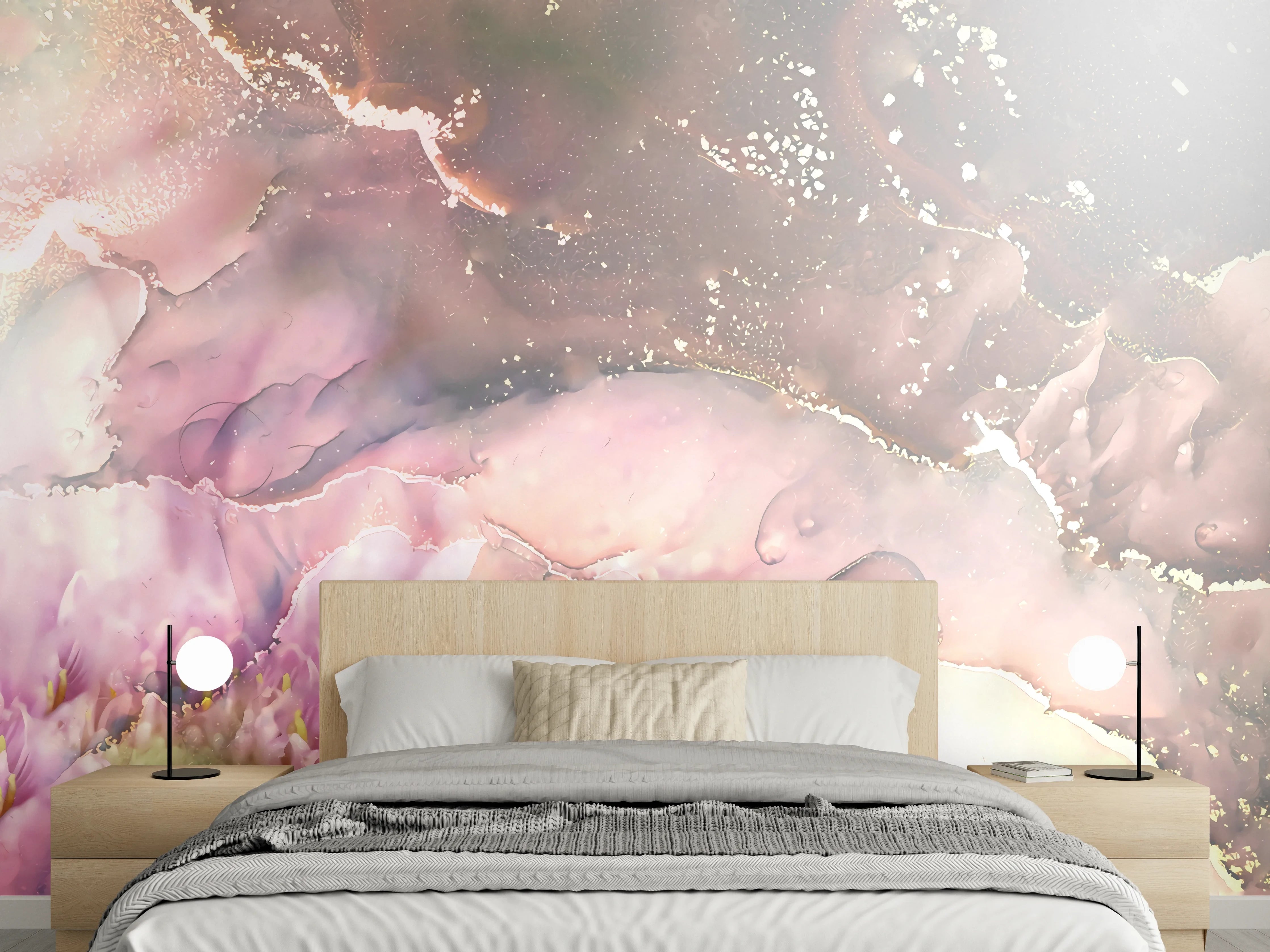 Wandverkleidung Schlafzimmer - Zartes Blumen Aquarell mit Goldakzenten
