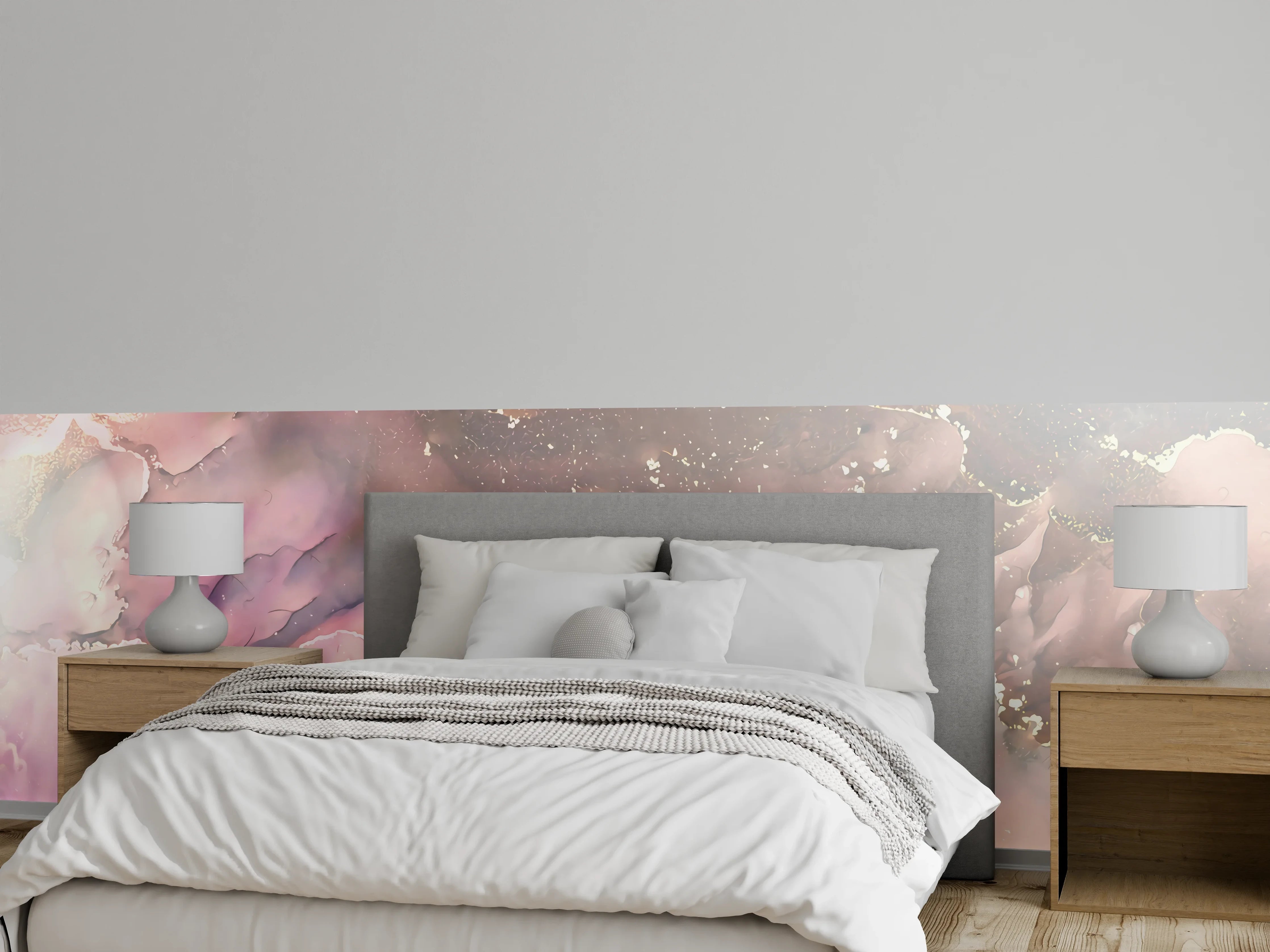 Wandverkleidung Schlafzimmer - Zartes Blumen Aquarell mit Goldakzenten