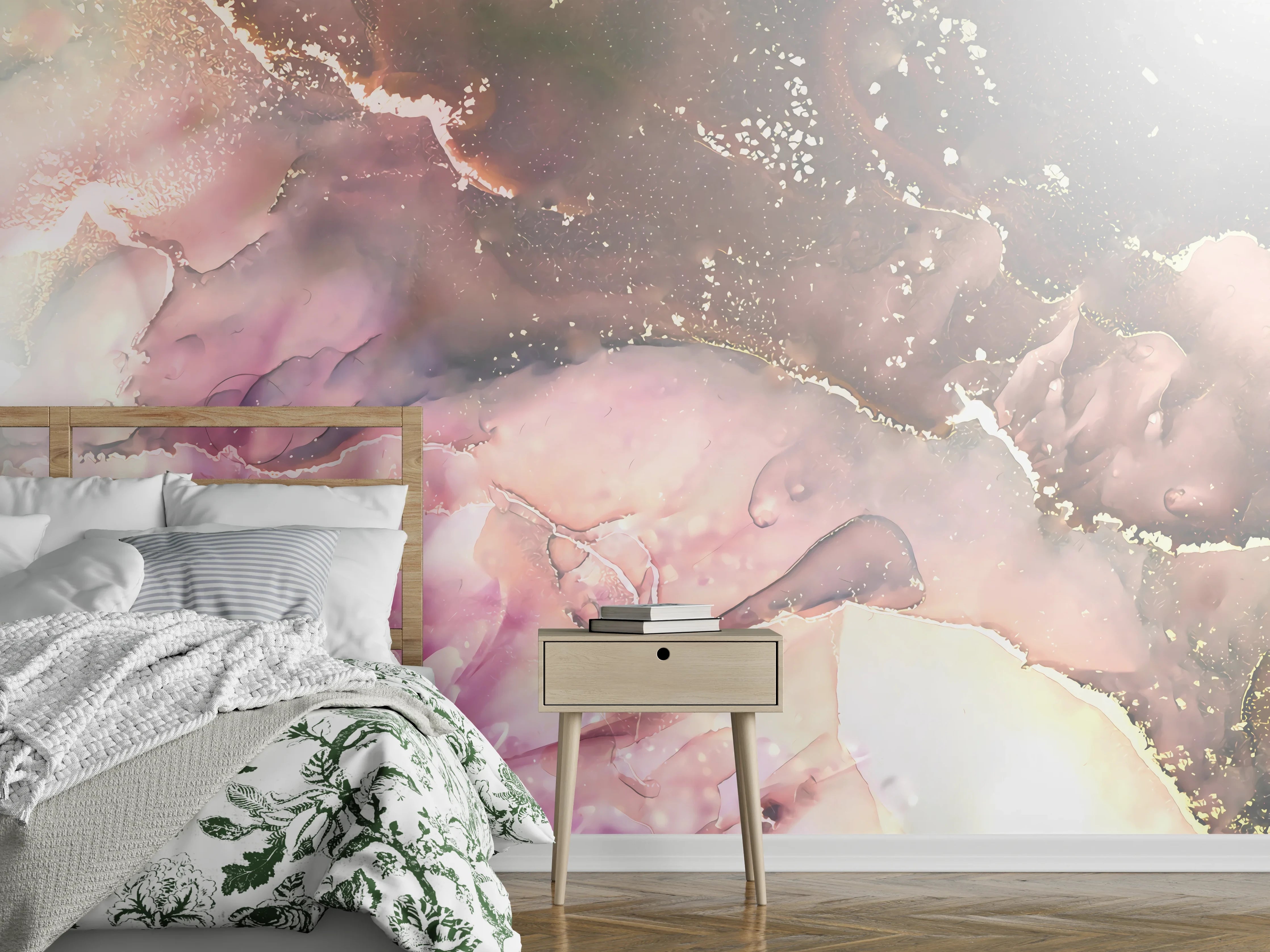 Wandverkleidung Schlafzimmer - Zartes Blumen Aquarell mit Goldakzenten