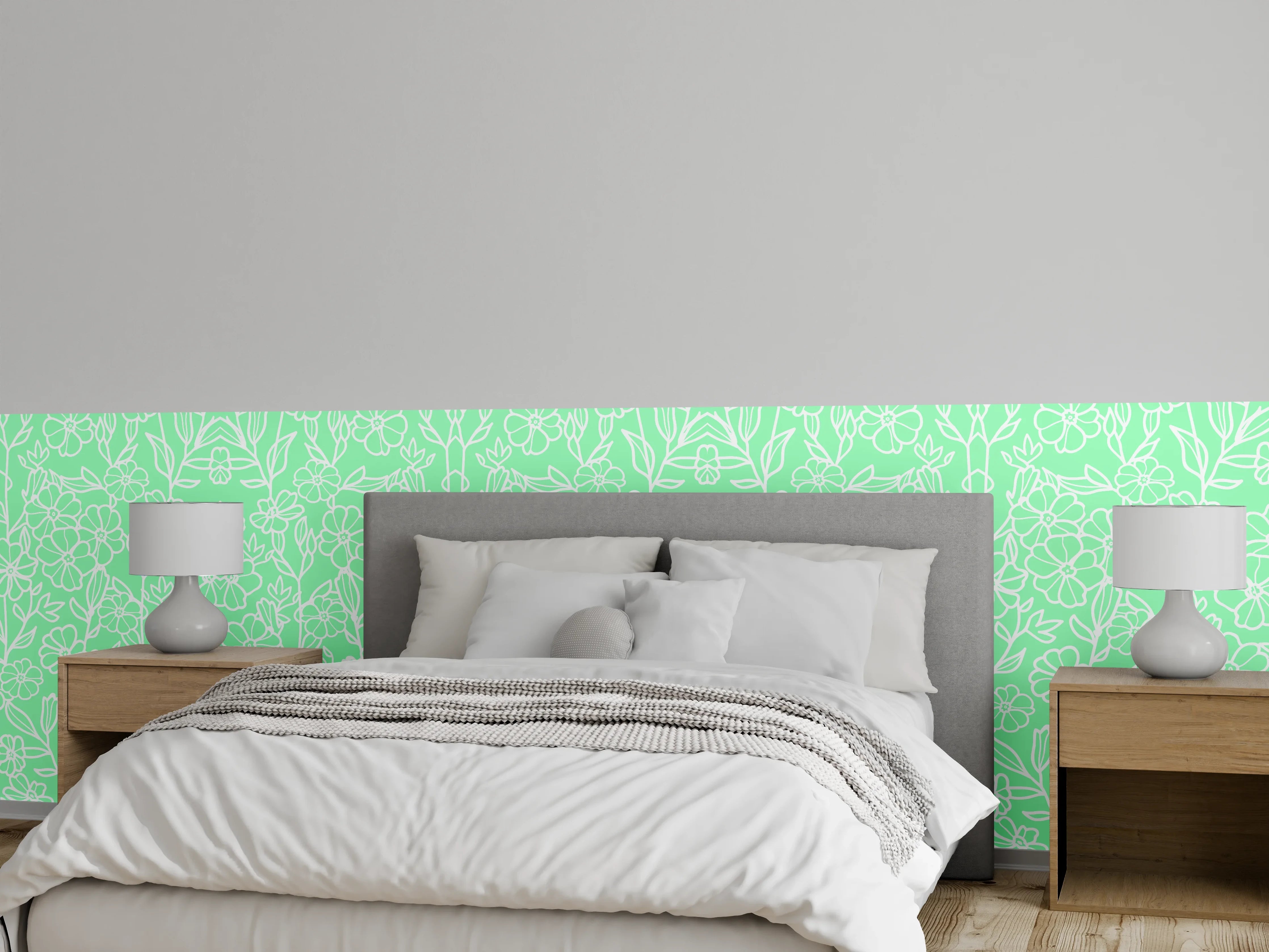 Wandverkleidung Schlafzimmer - Zartes botanisches Muster in Mintgrün