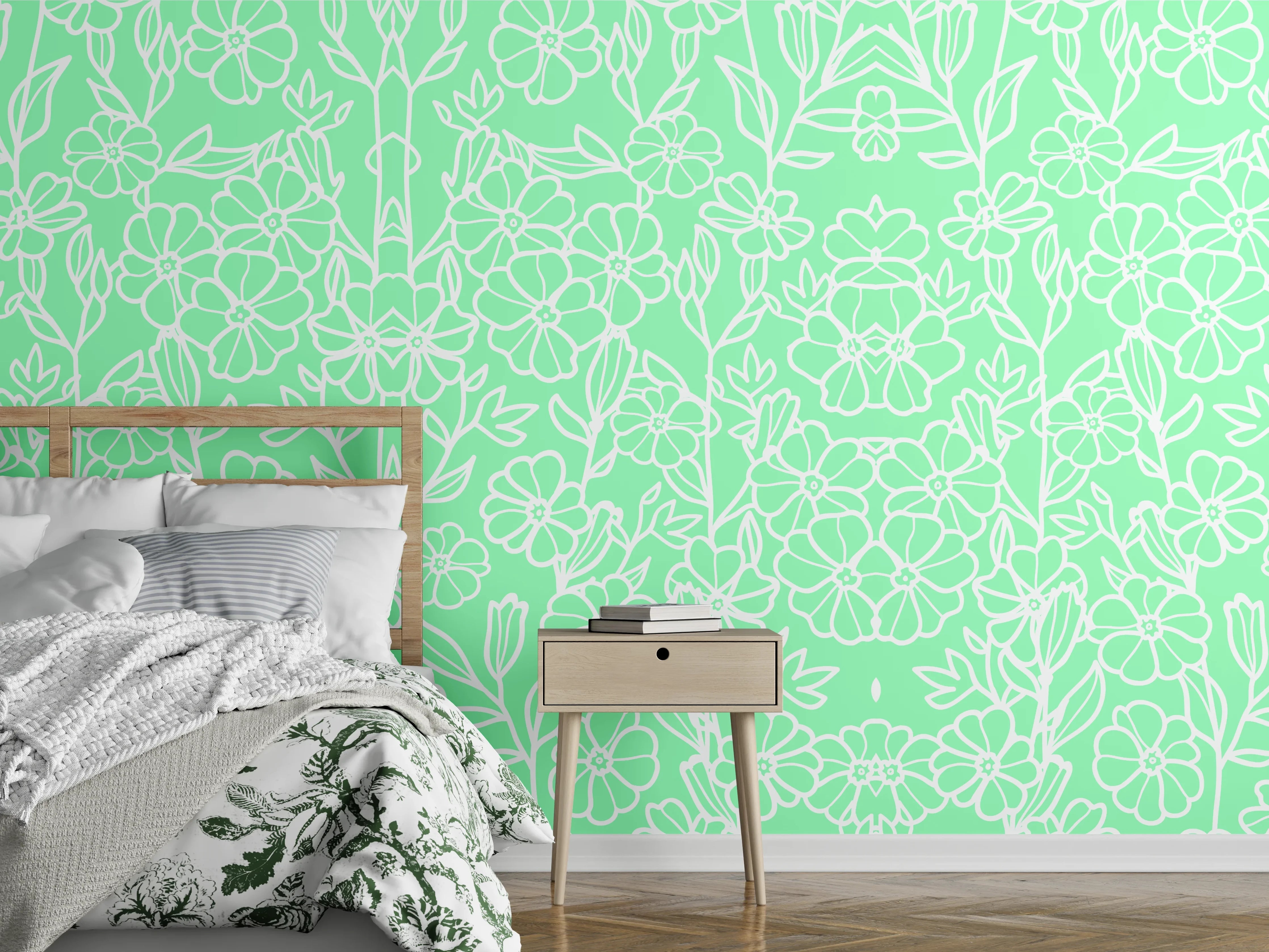 Wandverkleidung Schlafzimmer - Zartes botanisches Muster in Mintgrün