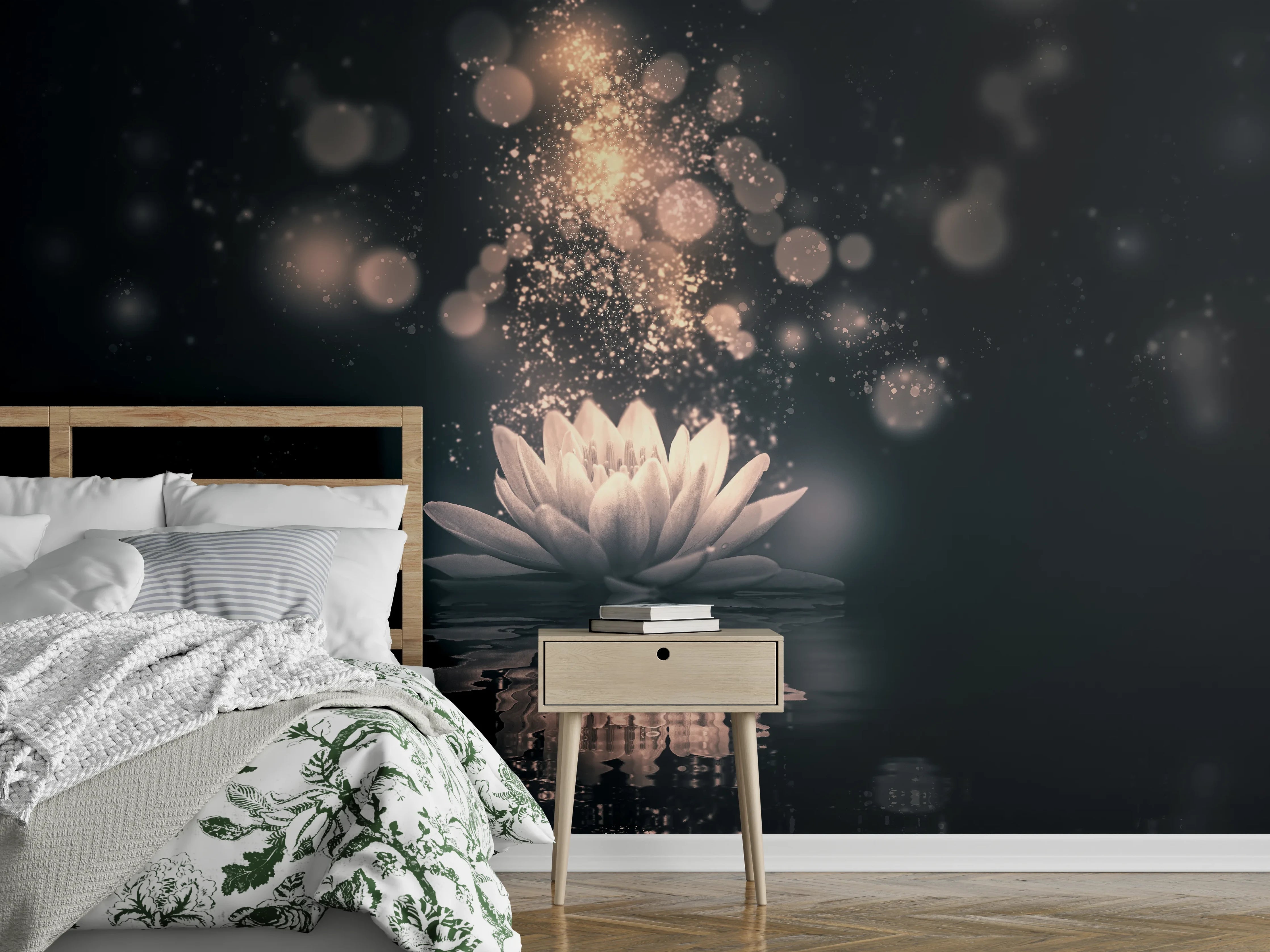 Wandverkleidung Schlafzimmer - Zauberhafte Wasserlilie mit funkelnden Lichteffekten