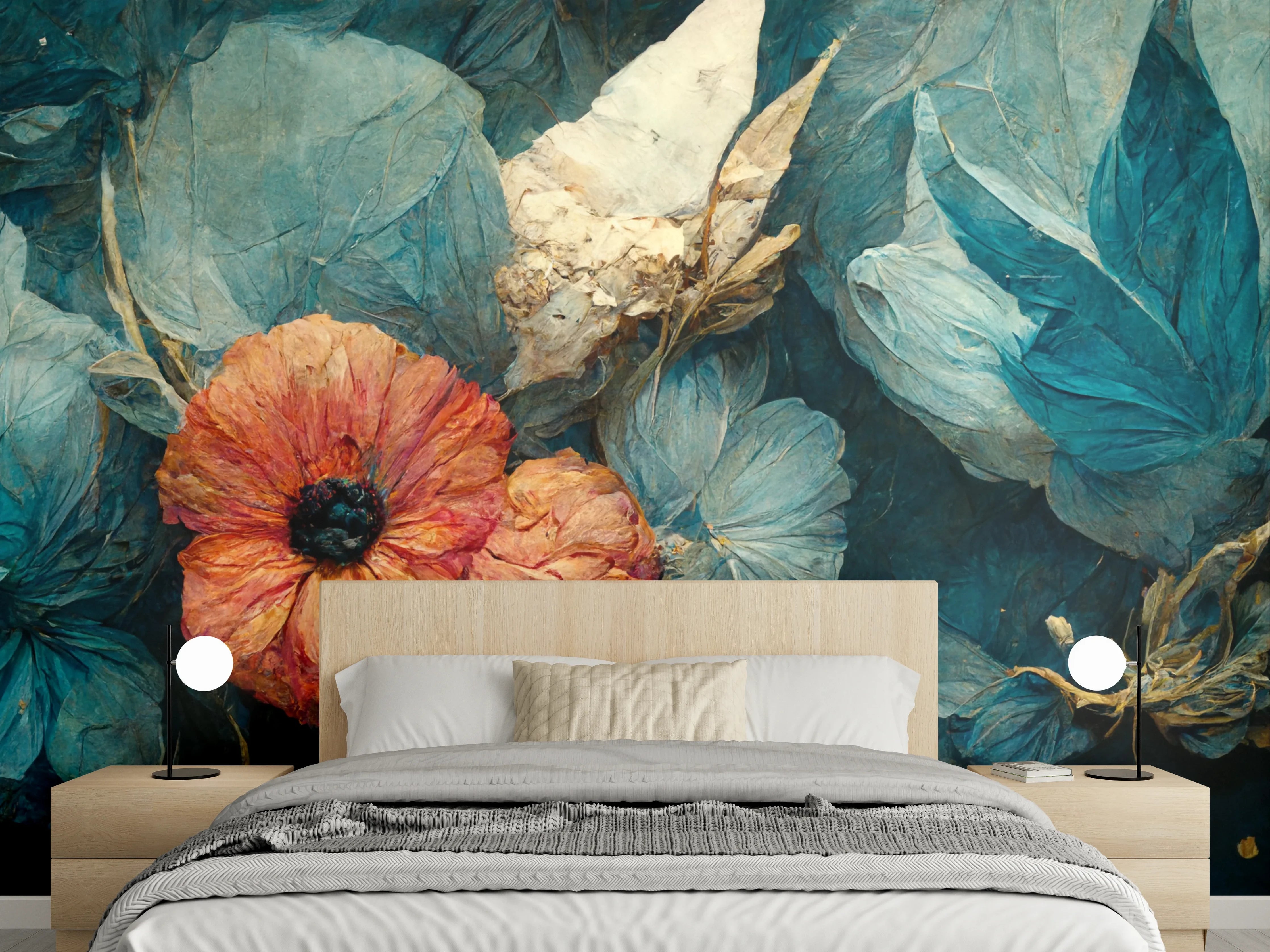 Wandverkleidung Schlafzimmer - Zauberhaftes Blumenmotiv in Blau und Orange