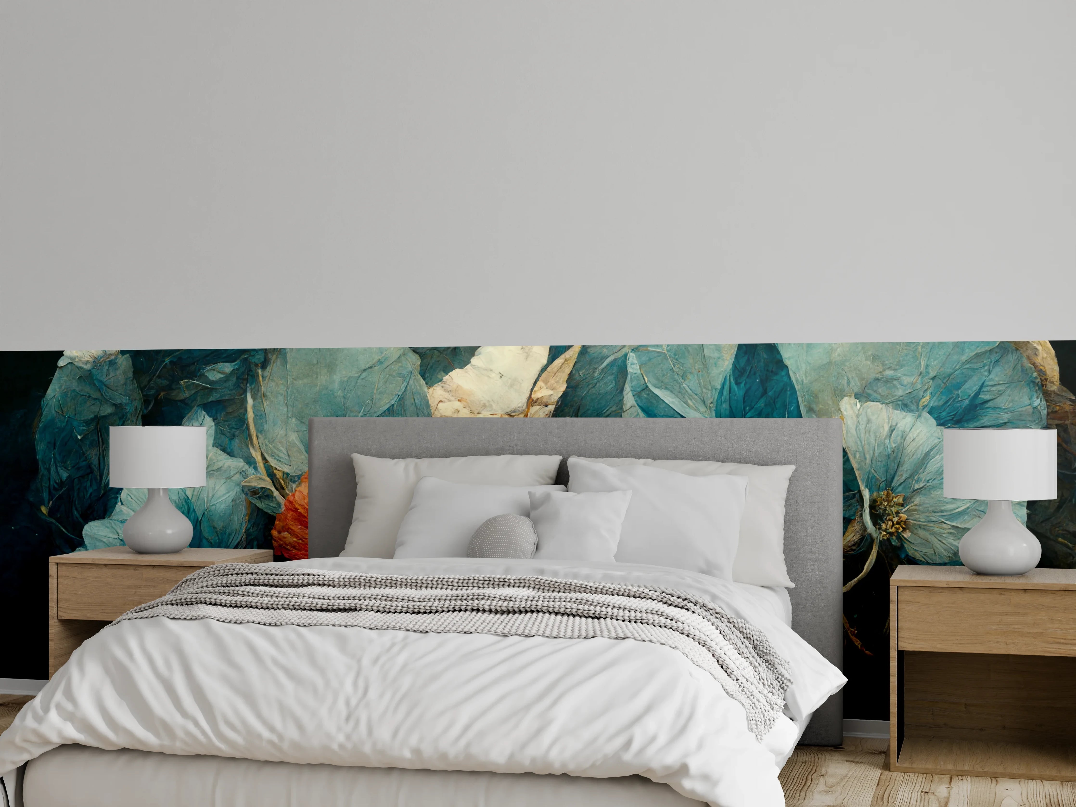 Wandverkleidung Schlafzimmer - Zauberhaftes Blumenmotiv in Blau und Orange