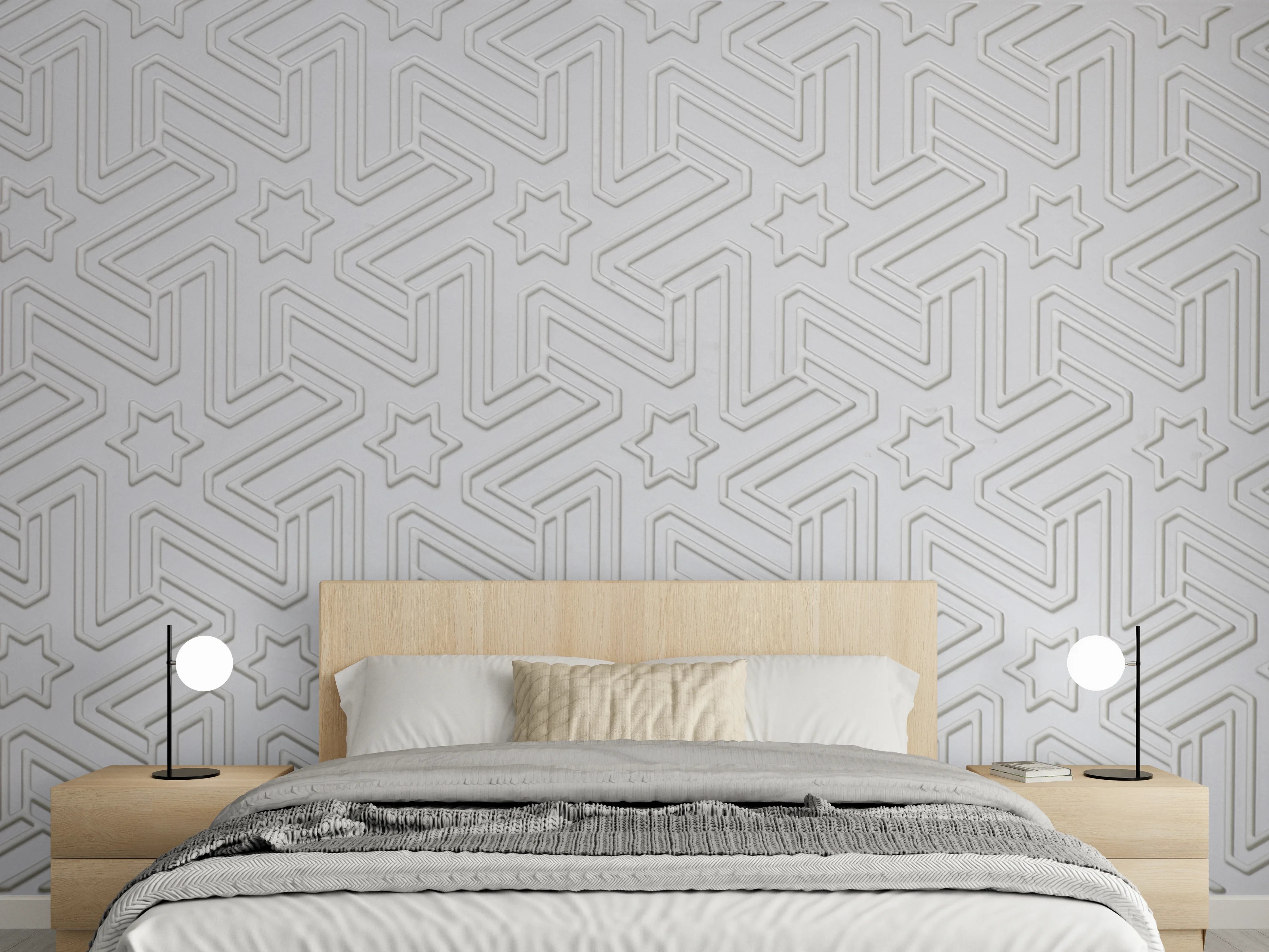 Wandverkleidung Schlafzimmer - Zeitlose Grauwandgestaltung mit geometrischen Mustern