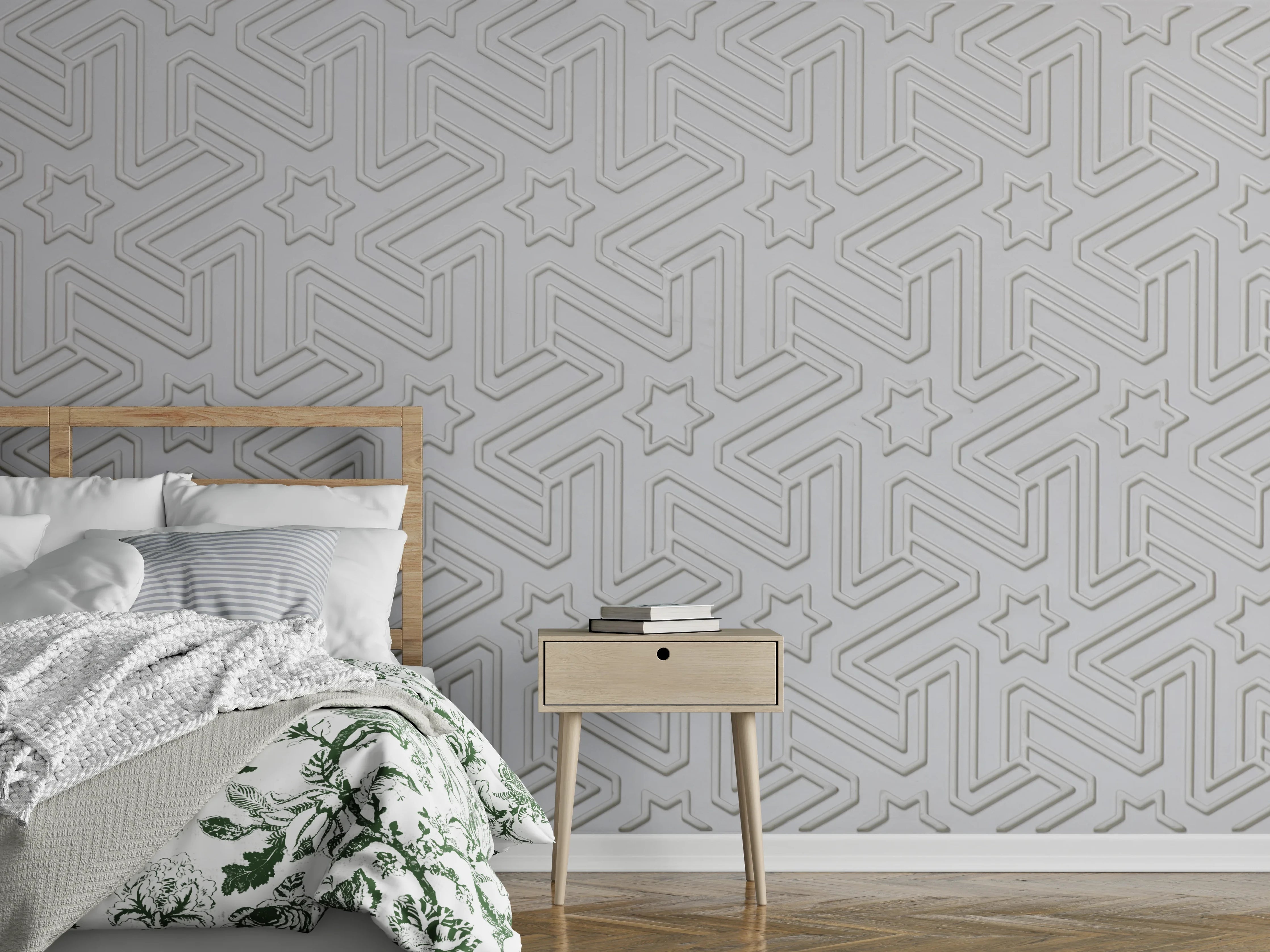 Wandverkleidung Schlafzimmer - Zeitlose Grauwandgestaltung mit geometrischen Mustern