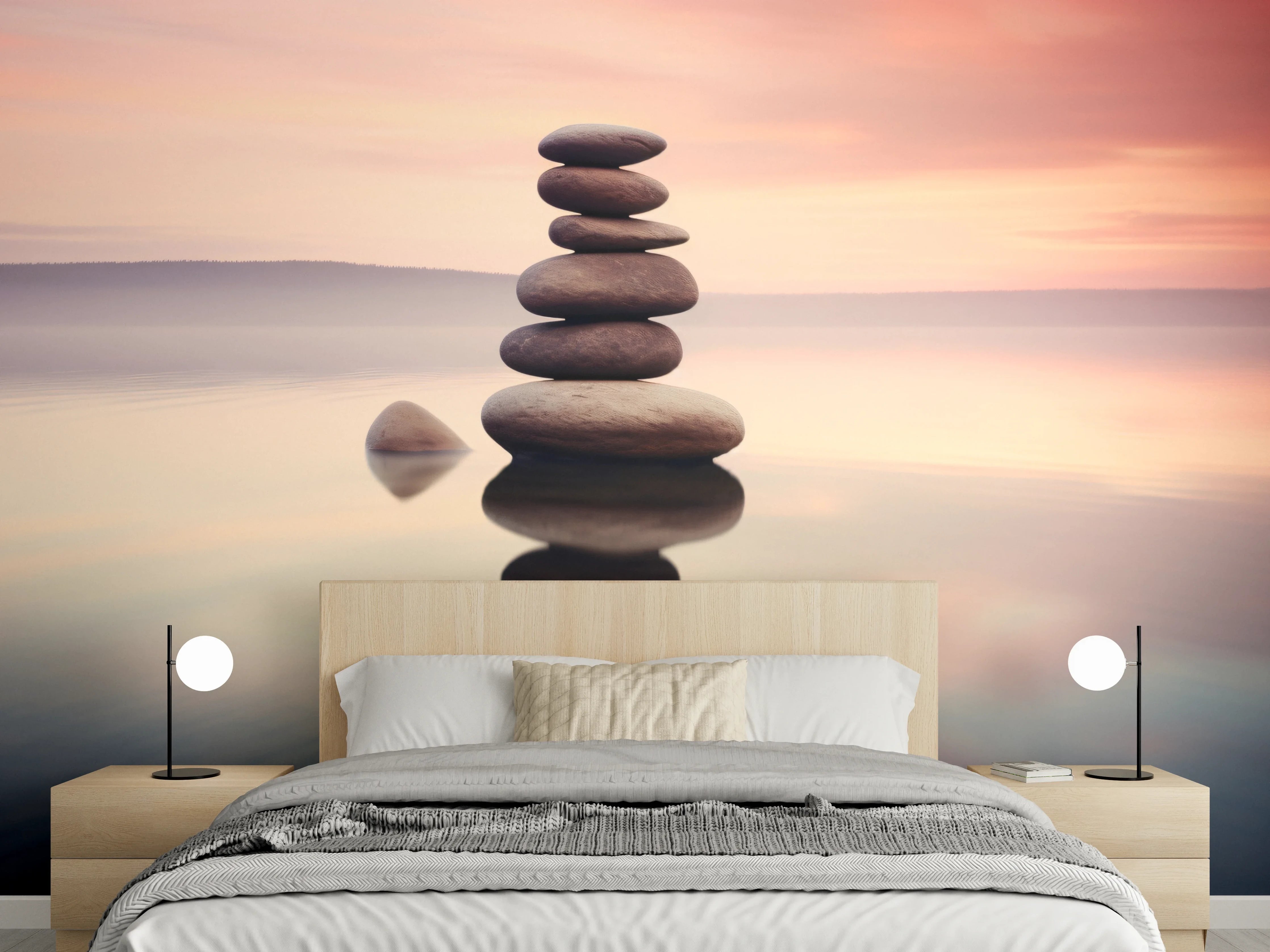 Wandverkleidung Schlafzimmer - Zen-Steine am rosa Sonnenuntergang