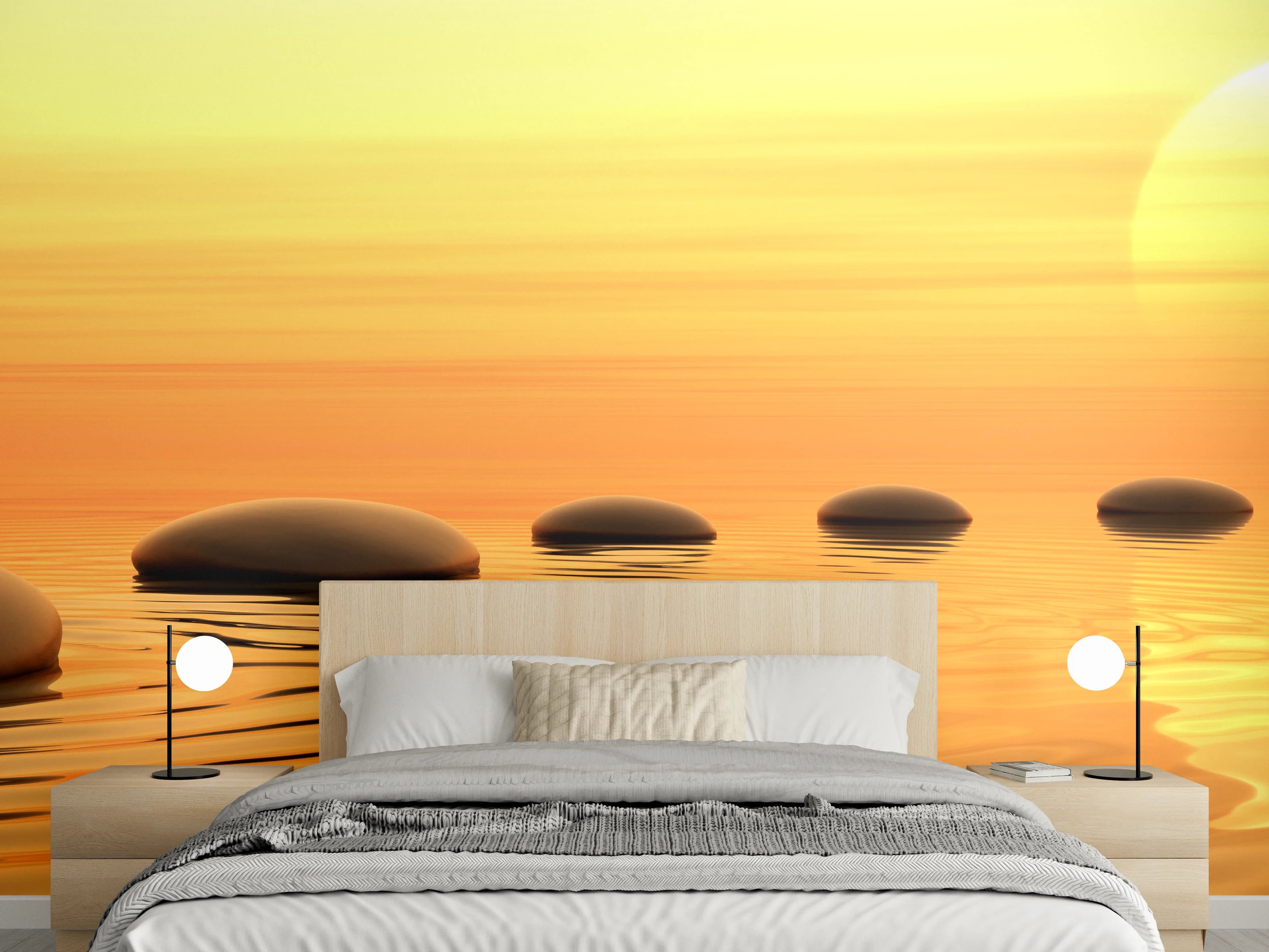 Wandverkleidung Schlafzimmer - Zen-Steine im Wasser bei Sonnenuntergang