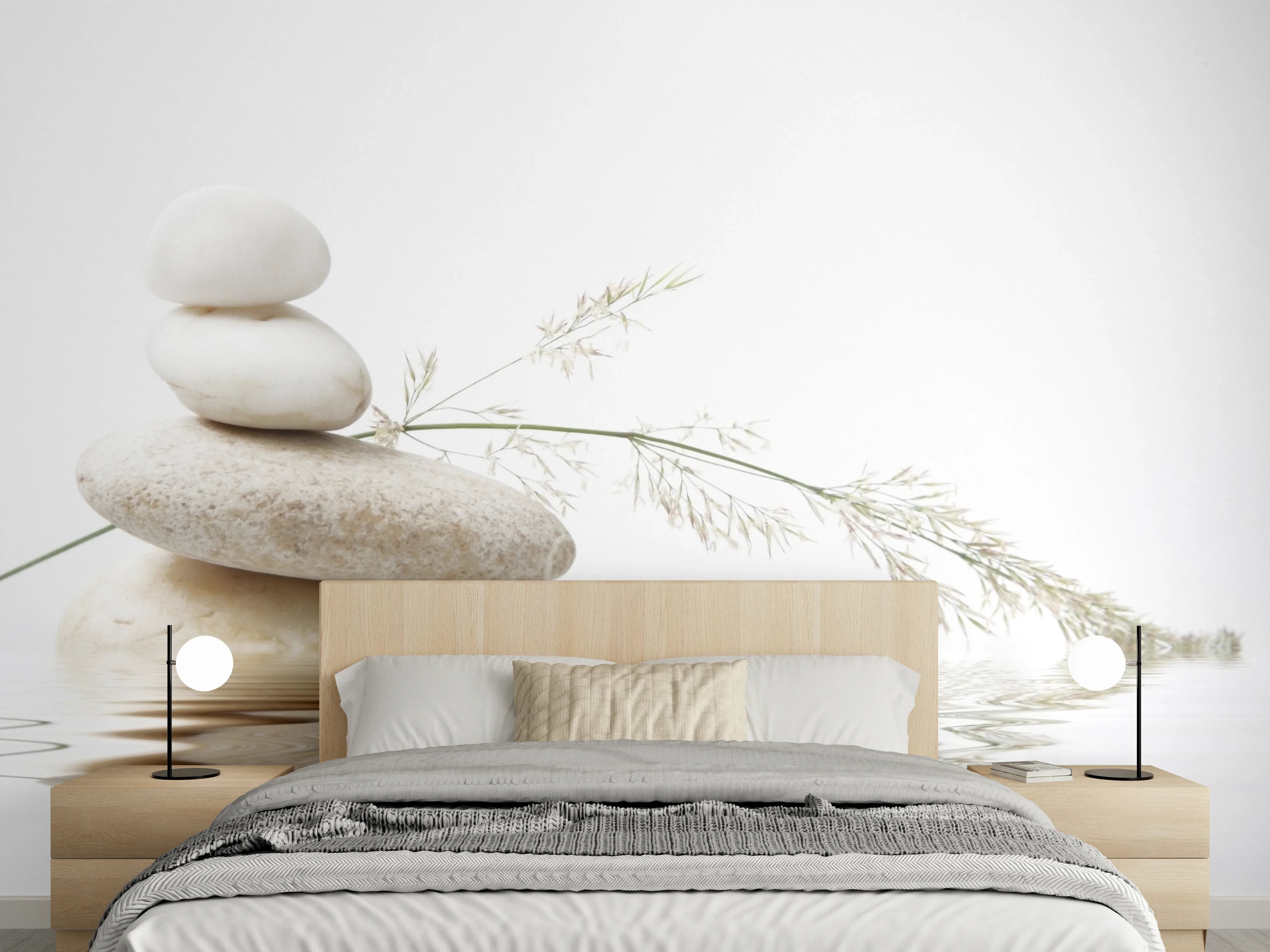 Wandverkleidung Schlafzimmer - Zen Steine und Naturgras auf Wasserreflexion