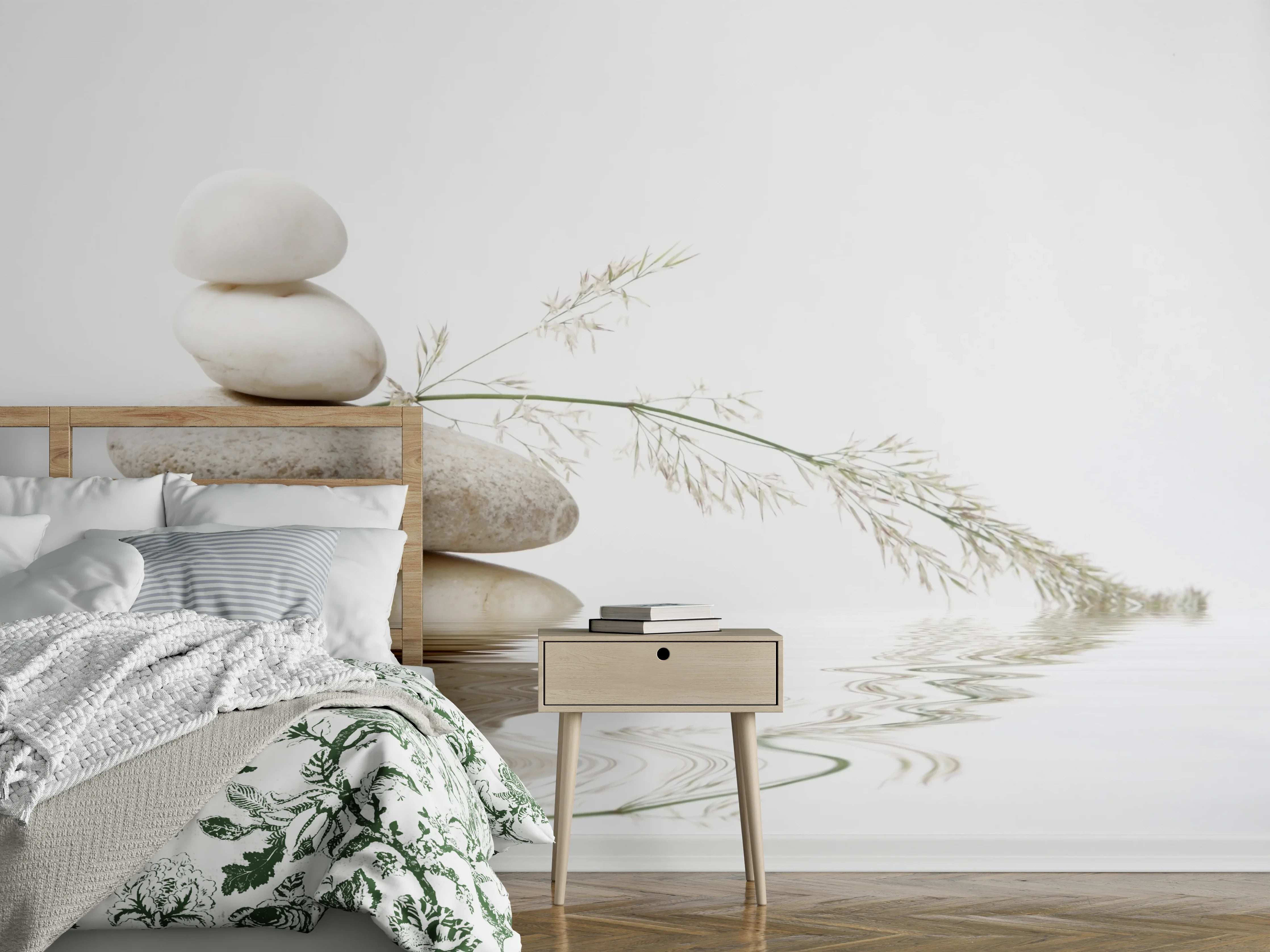 Wandverkleidung Schlafzimmer - Zen Steine und Naturgras auf Wasserreflexion