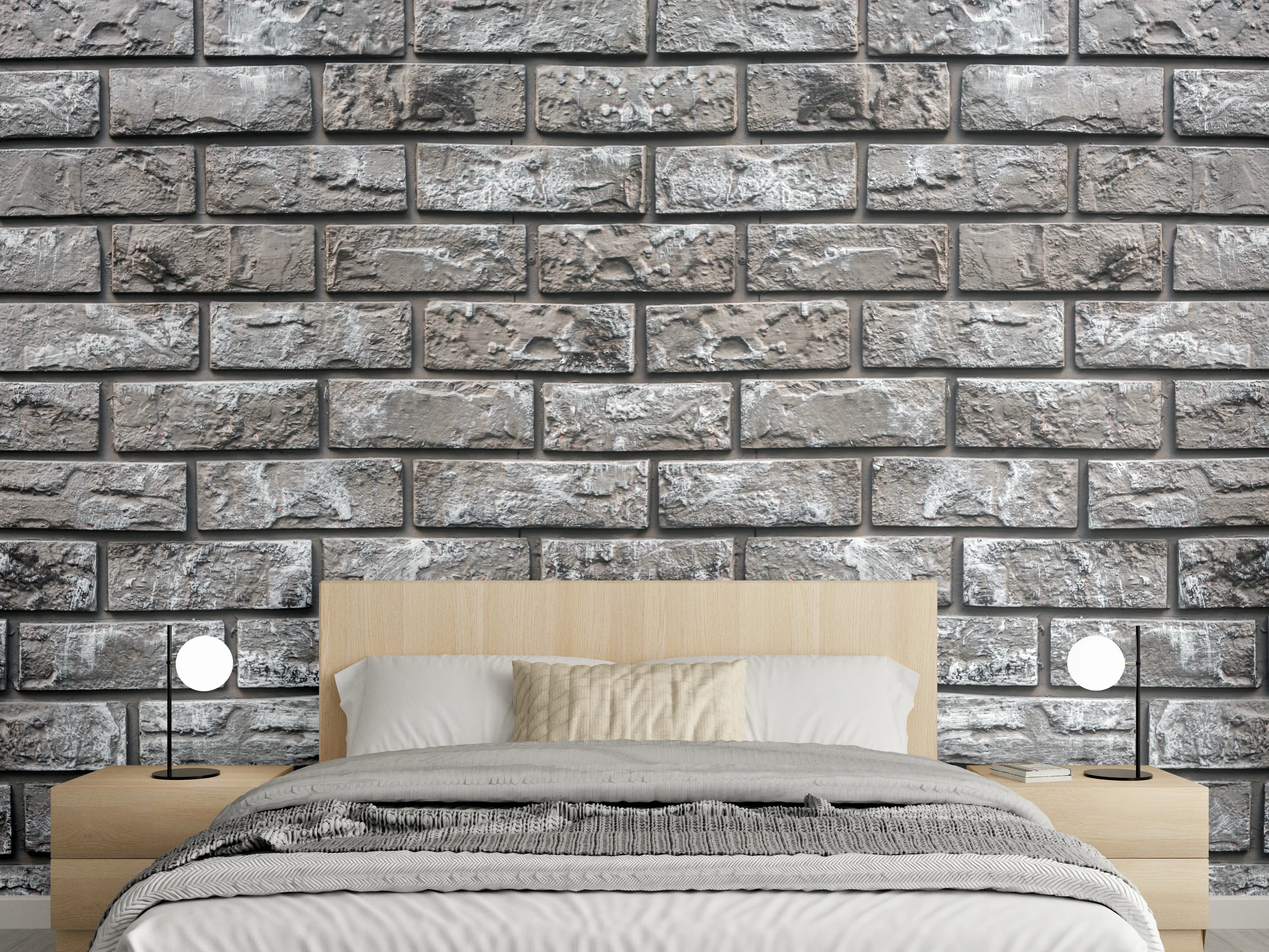 Wandverkleidung Schlafzimmer - Ziegelmauer aus dekorativem grauem Stein