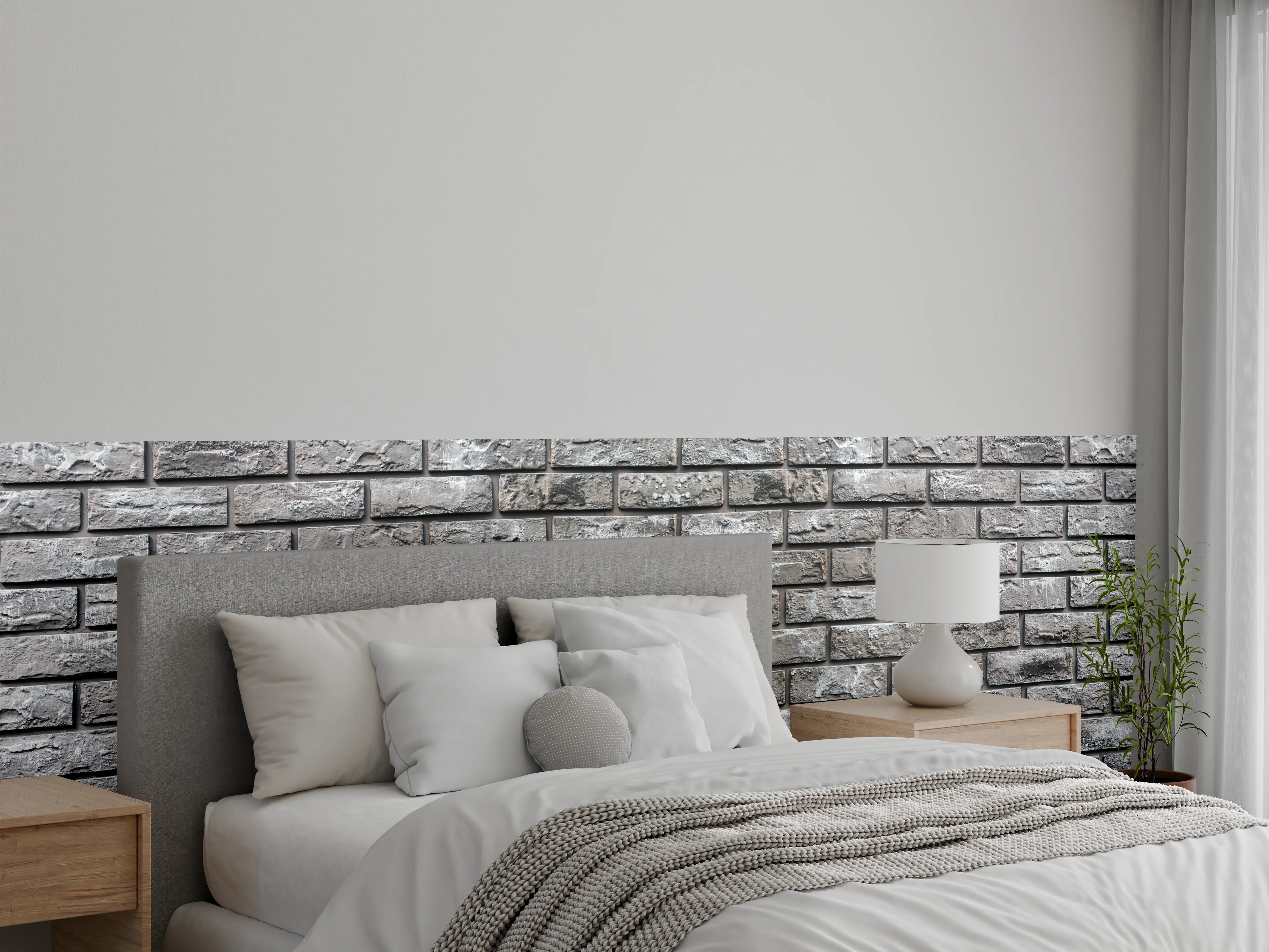 Wandverkleidung Schlafzimmer - Ziegelmauer aus dekorativem grauem Stein