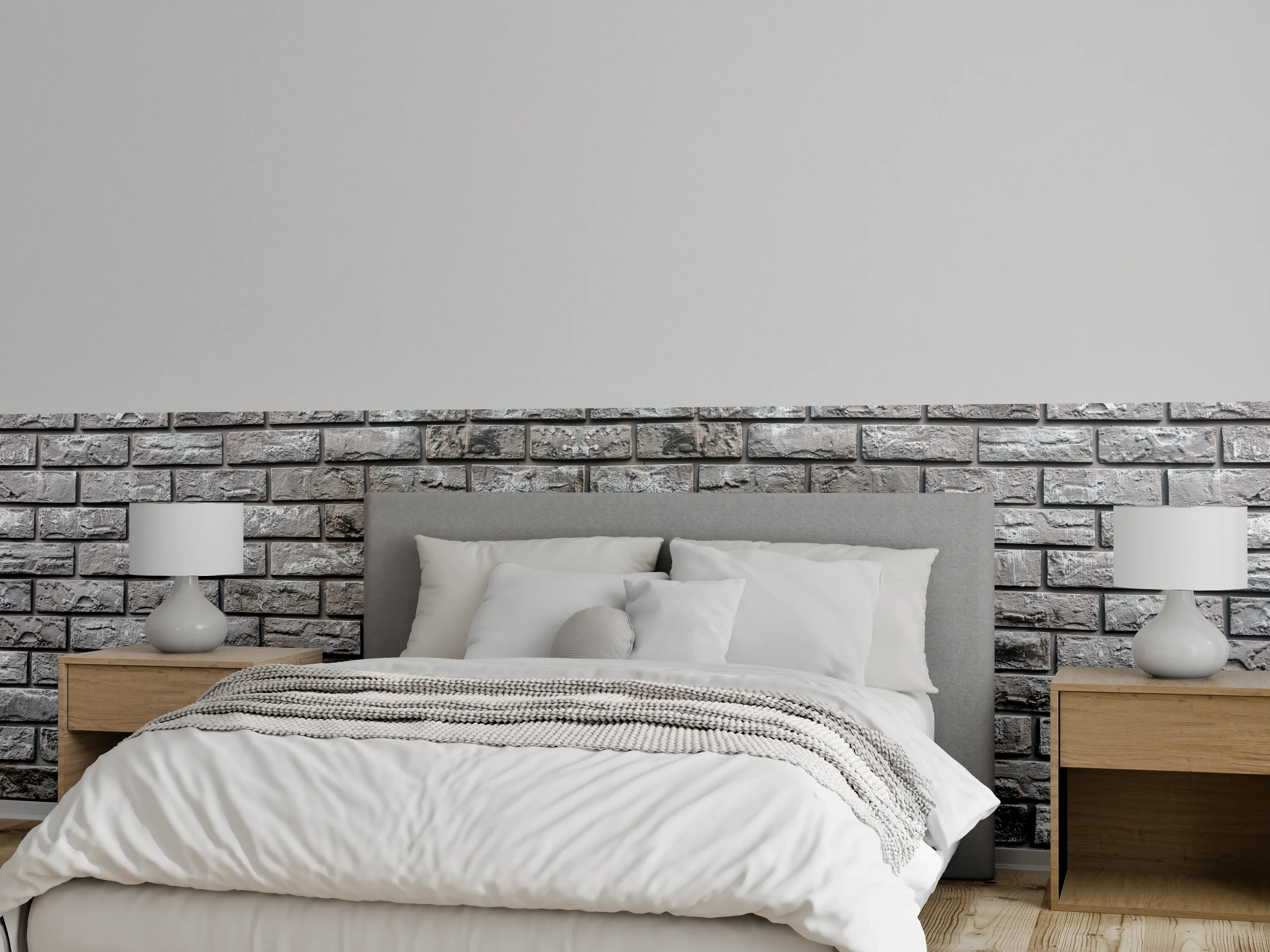Wandverkleidung Schlafzimmer - Ziegelmauer aus dekorativem grauem Stein