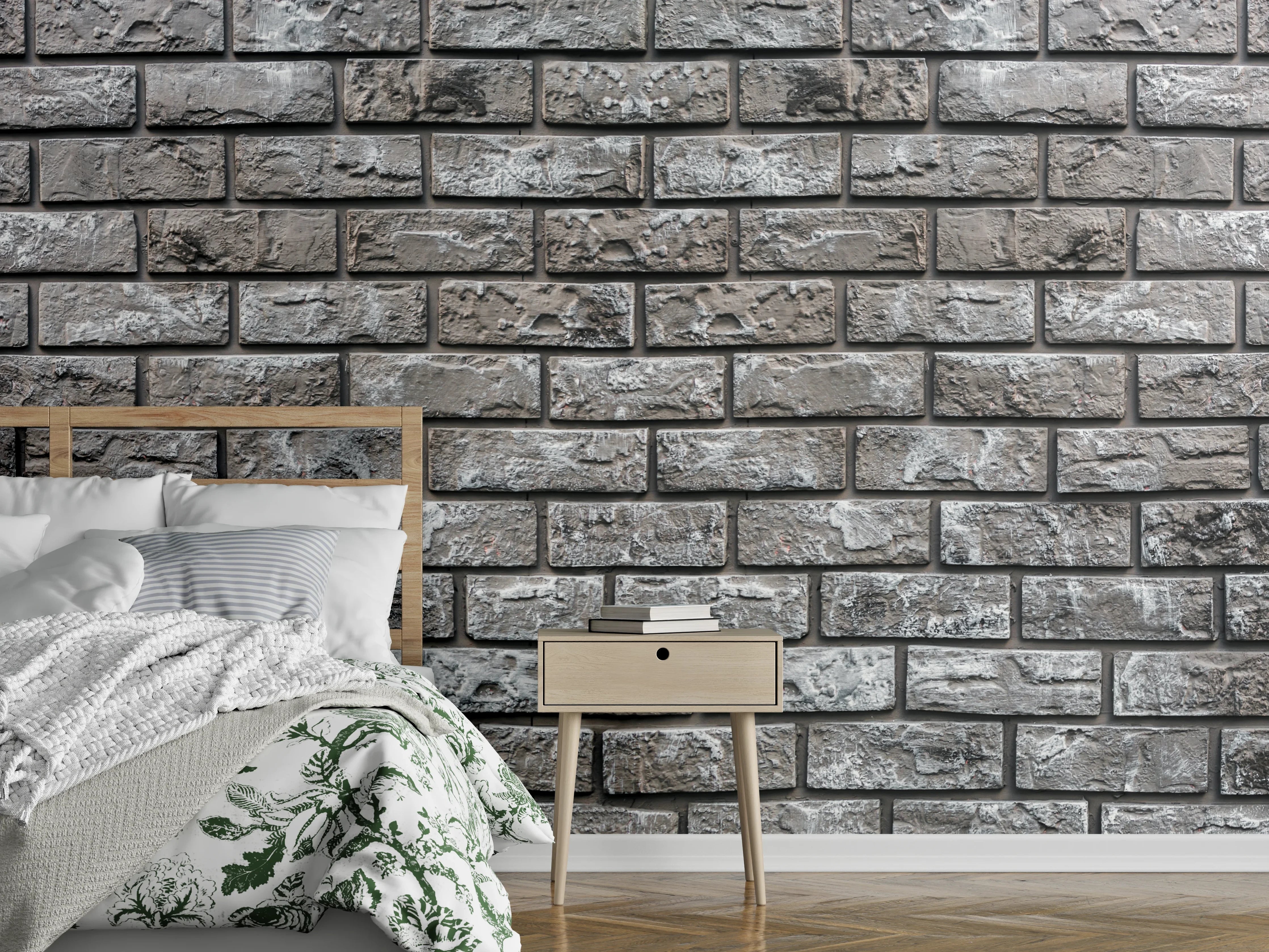Wandverkleidung Schlafzimmer - Ziegelmauer aus dekorativem grauem Stein