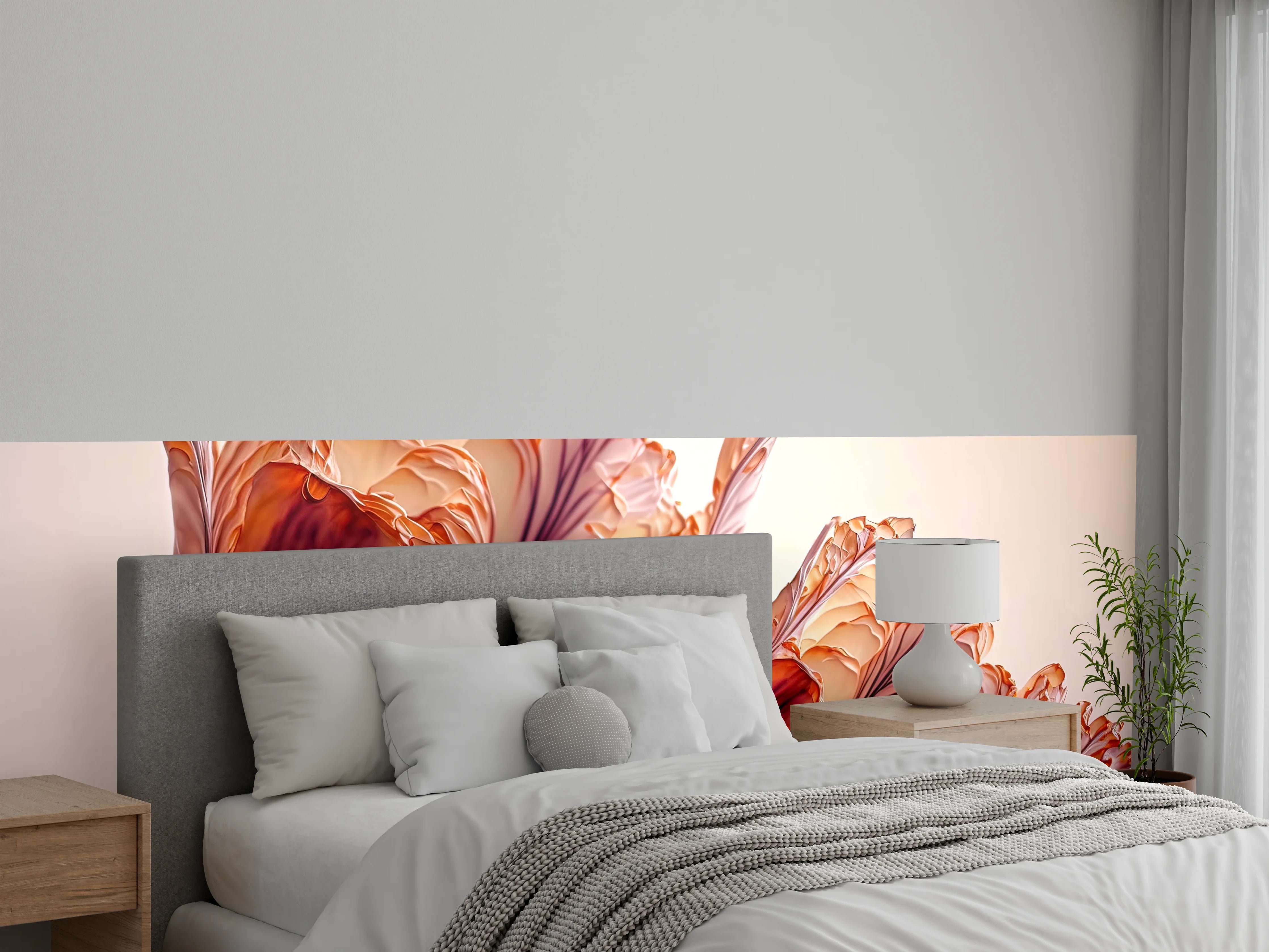 Wandverkleidung Schlafzimmer - Zwei pastellige Papageientulpen vor hellem Grund
