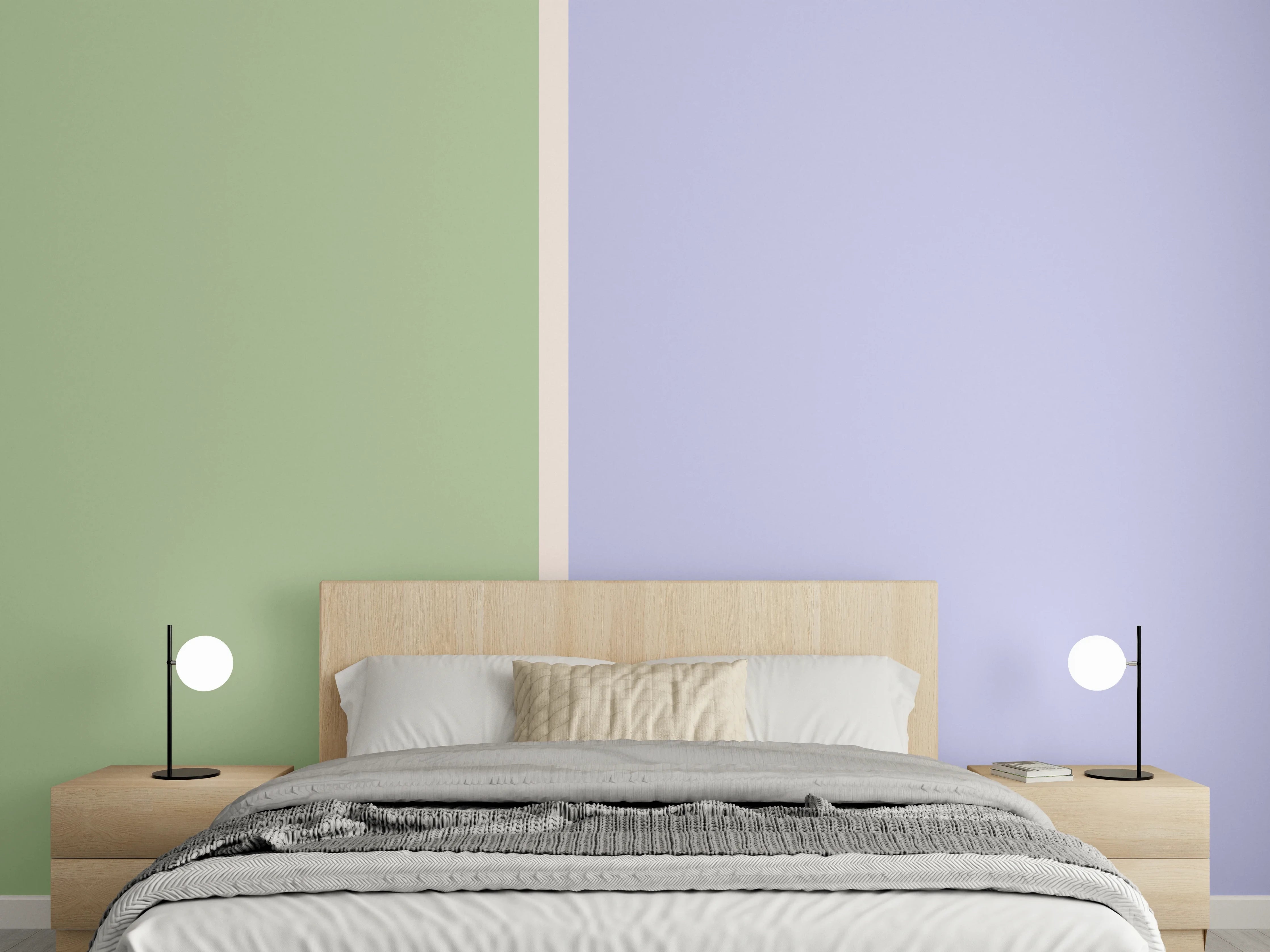 Wandverkleidung Schlafzimmer - Zweifarbige Pastellwand – Grün & Flieder