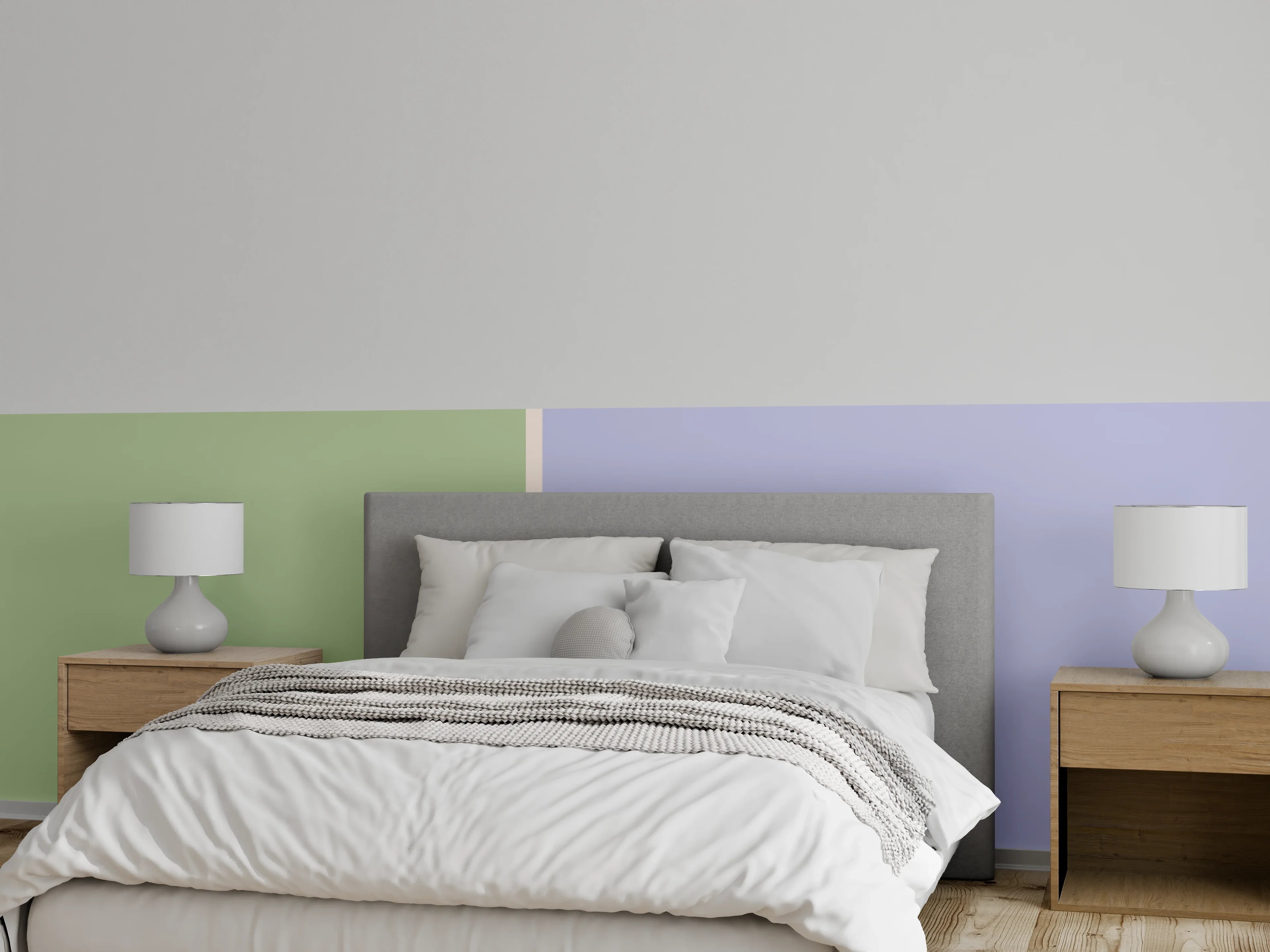 Wandverkleidung Schlafzimmer - Zweifarbige Pastellwand – Grün & Flieder