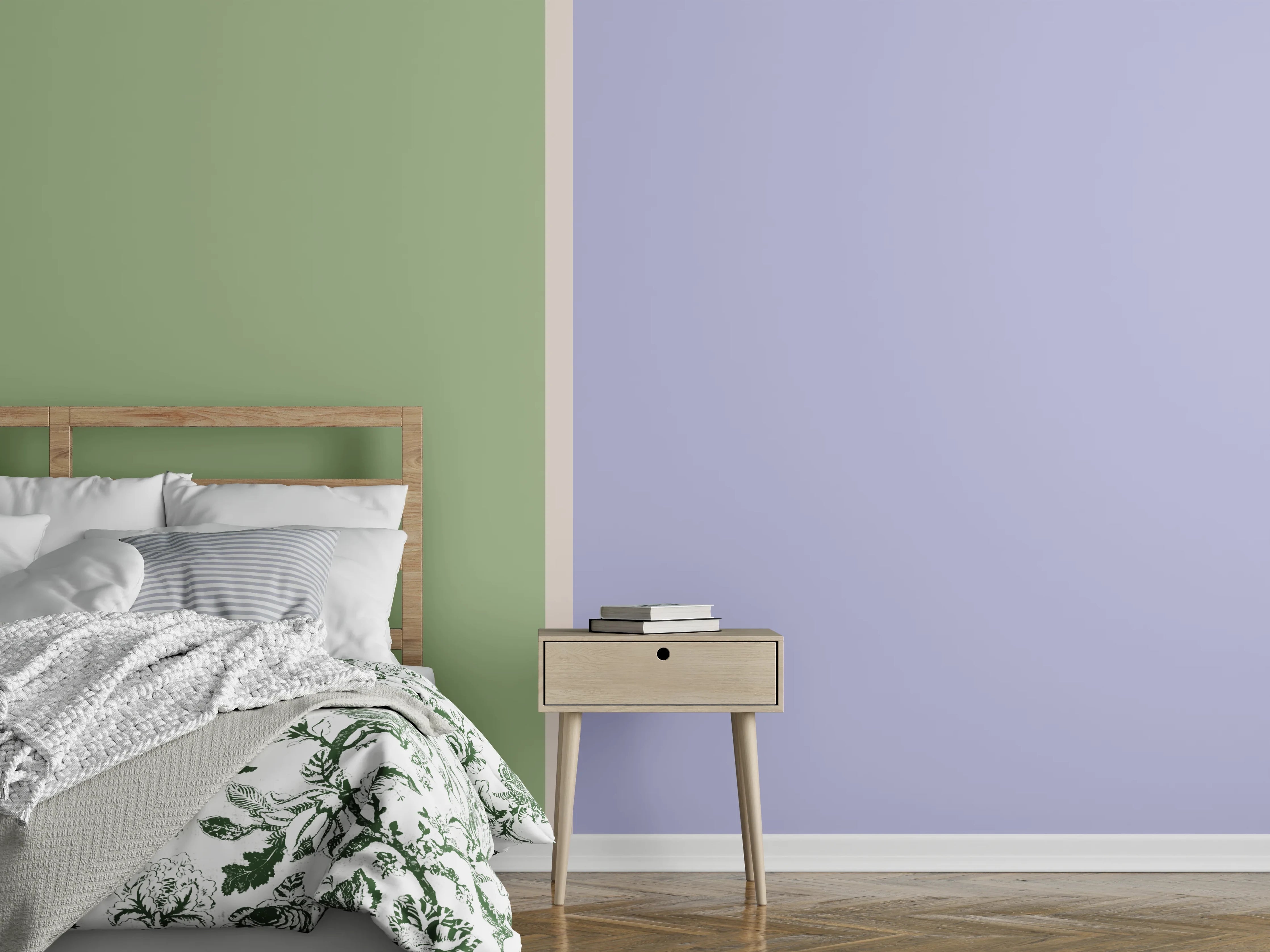 Wandverkleidung Schlafzimmer - Zweifarbige Pastellwand – Grün & Flieder