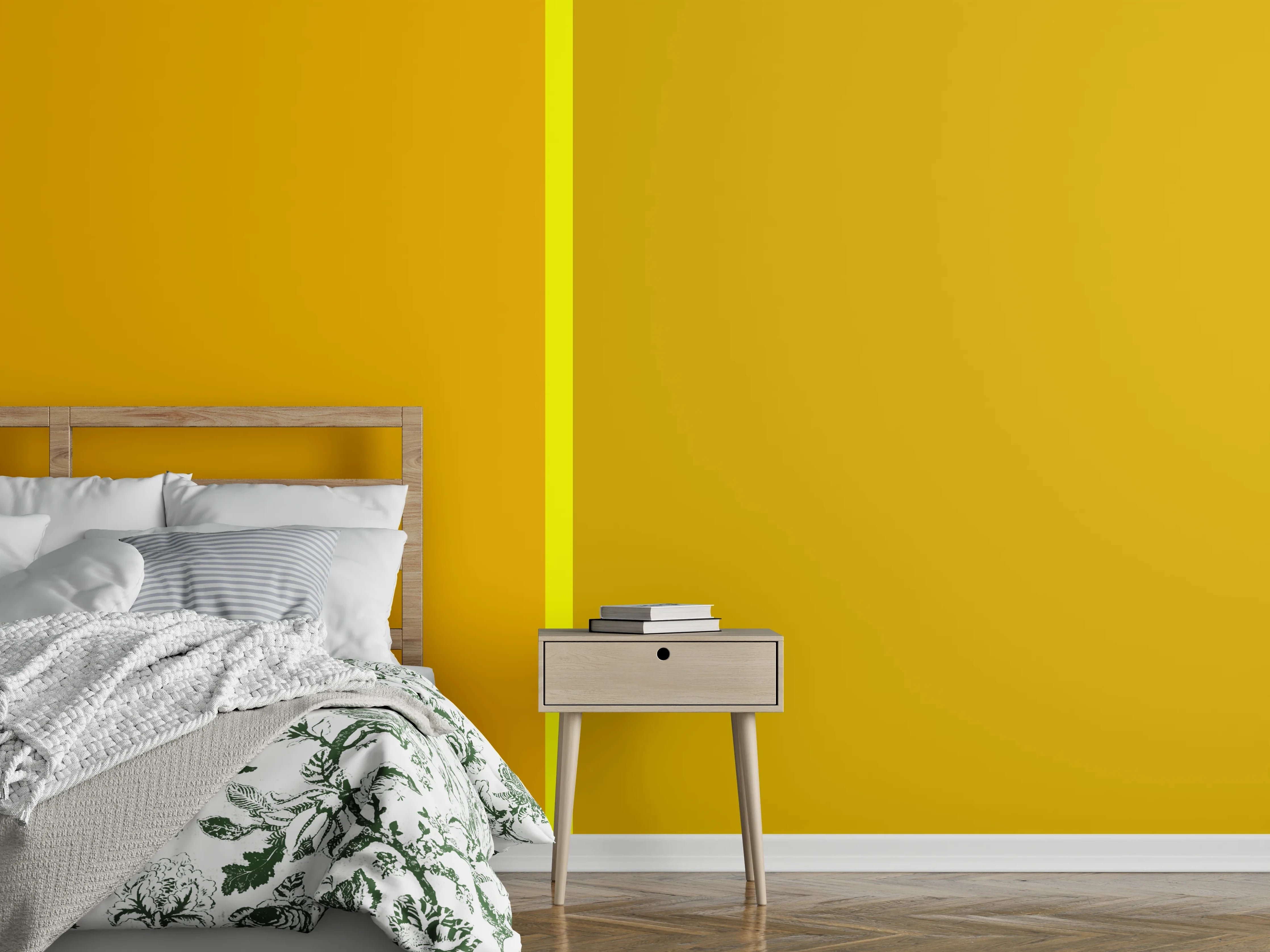 Wandverkleidung Schlafzimmer - Zweifarbige Wandgestaltung Gelb & Ocker