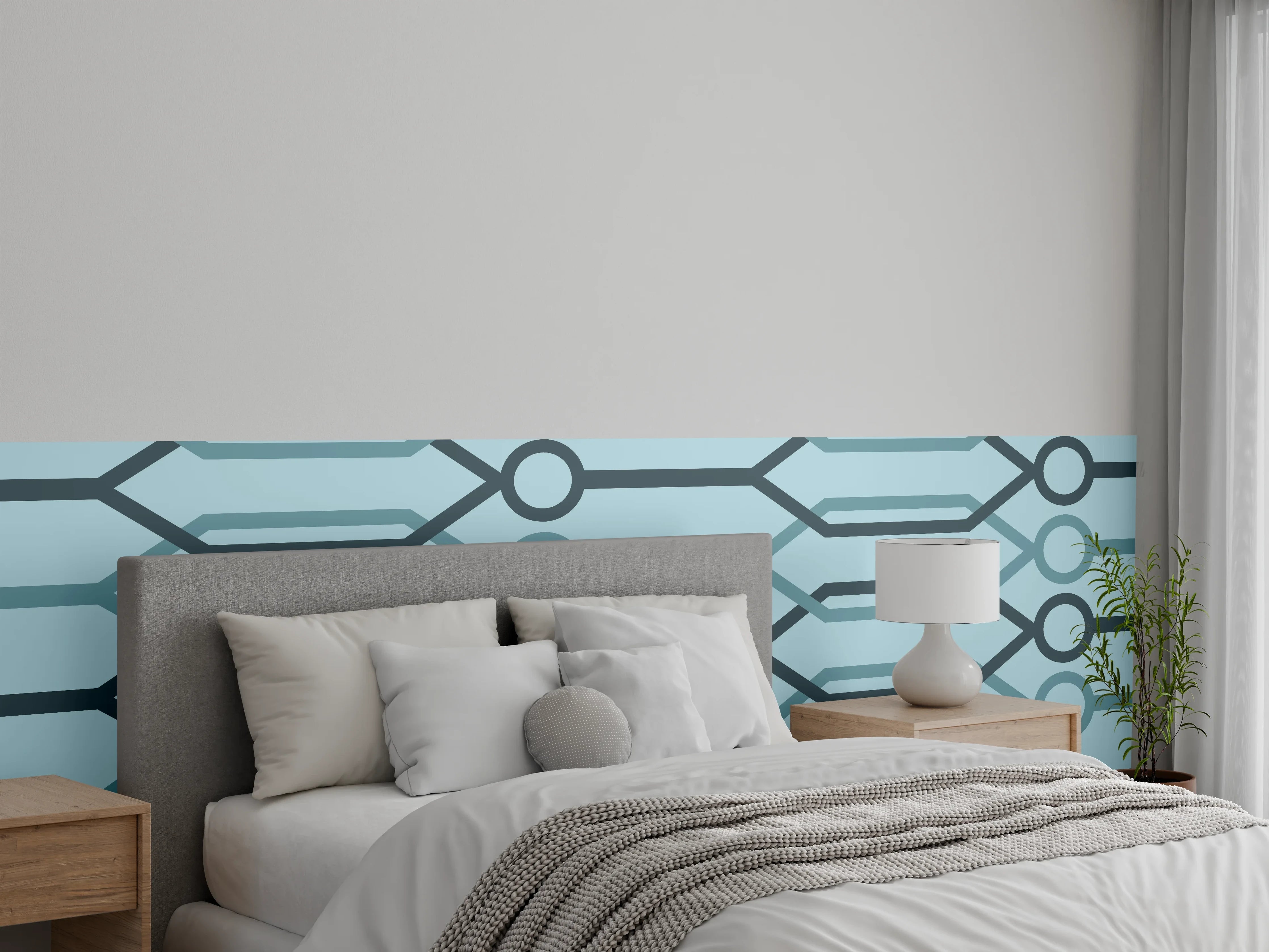 Wandverkleidung Schlafzimmer - "Abstraktes Muster in Blau und Grau auf weißem Hintergrund"
