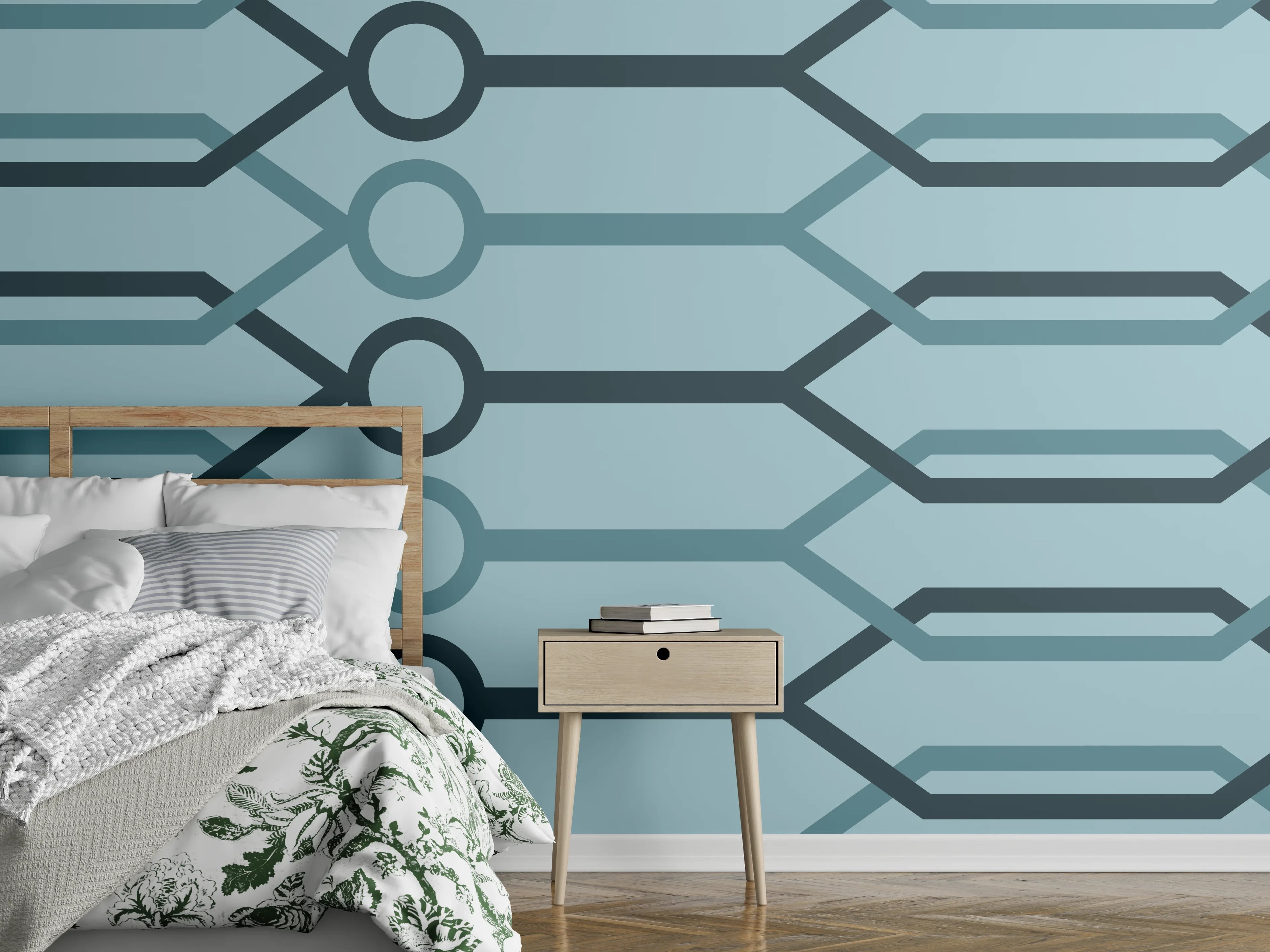 Wandverkleidung Schlafzimmer - "Abstraktes Muster in Blau und Grau auf weißem Hintergrund"