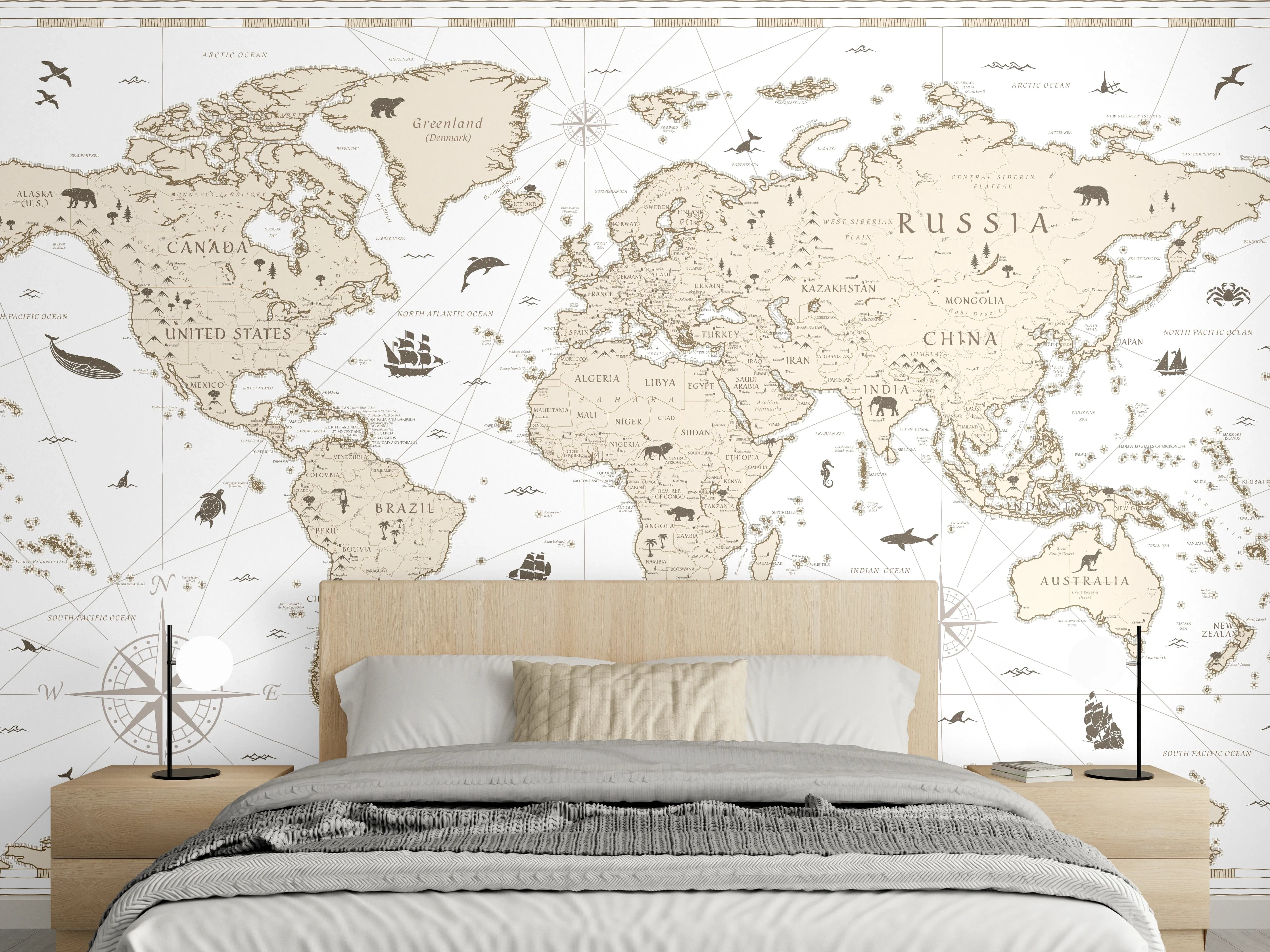 Wandverkleidung Schlafzimmer - "Sepia-Ton Weltkarte Poster mit sanften Grau- und Brauntönen"