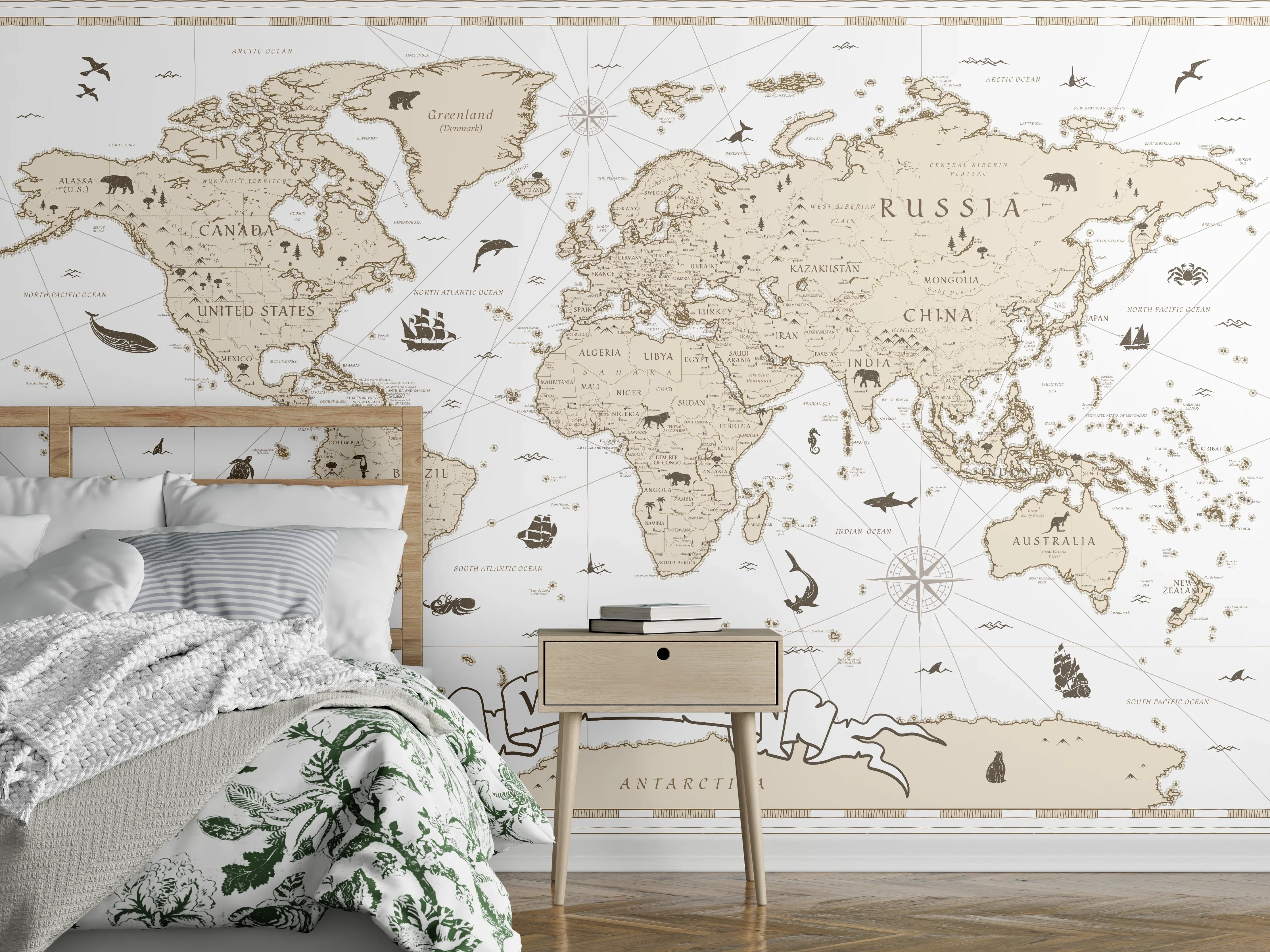 Wandverkleidung Schlafzimmer - "Sepia-Ton Weltkarte Poster mit sanften Grau- und Brauntönen"