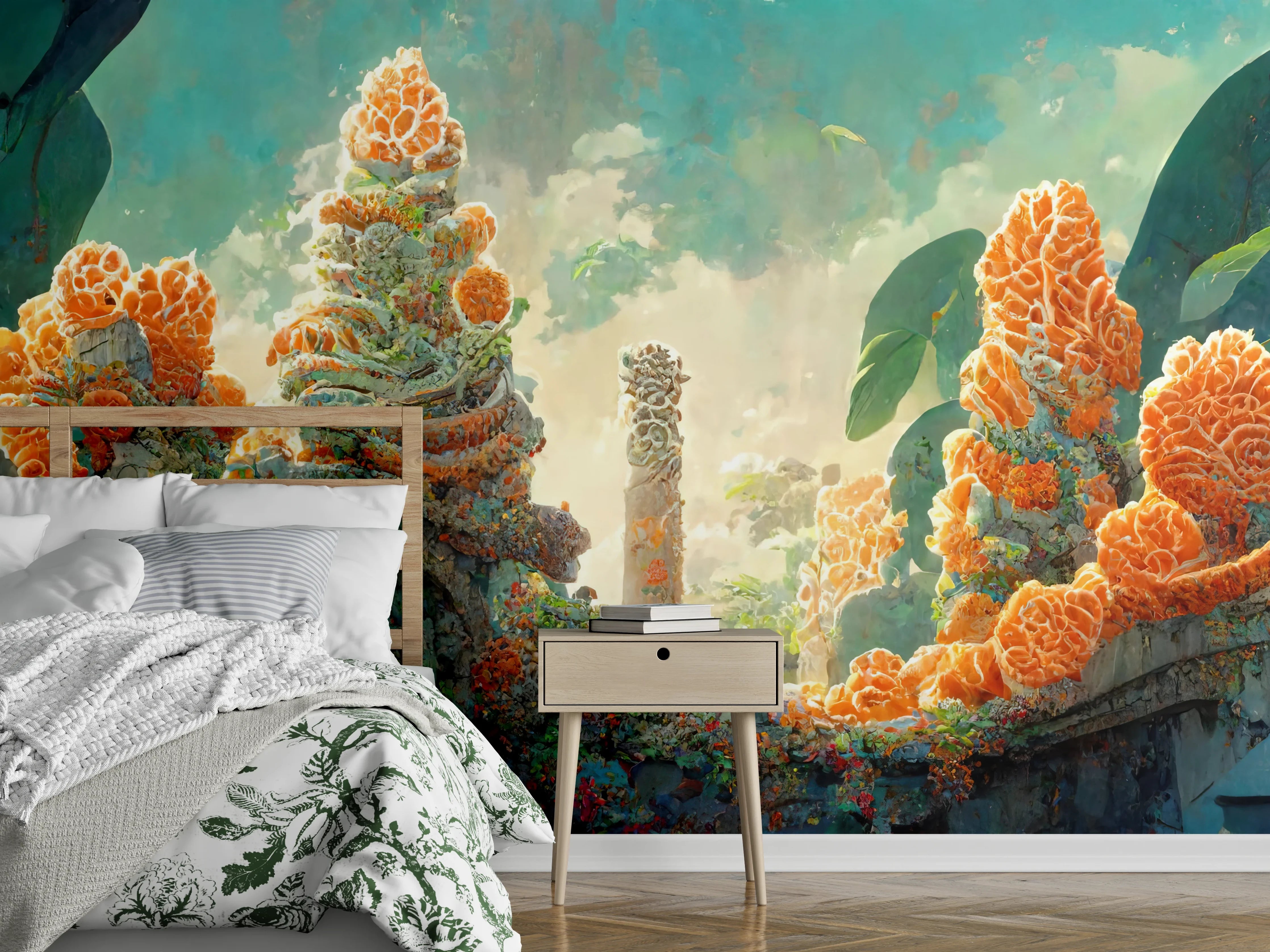 Wandverkleidung Schlafzimmer - gelbe Blumen