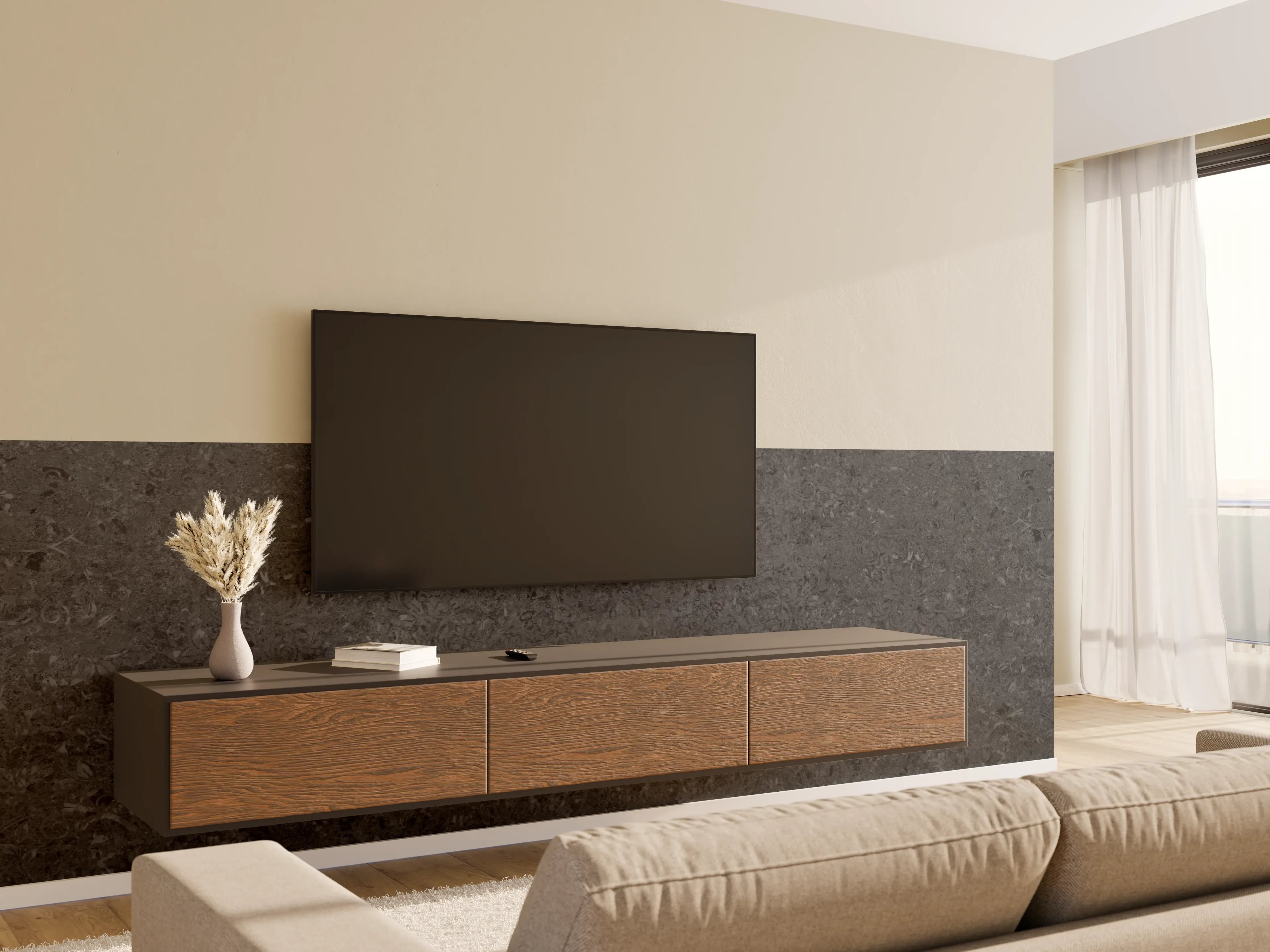 Wandverkleidung Wohnzimmer -  Scwarze Fliesen mit Muster