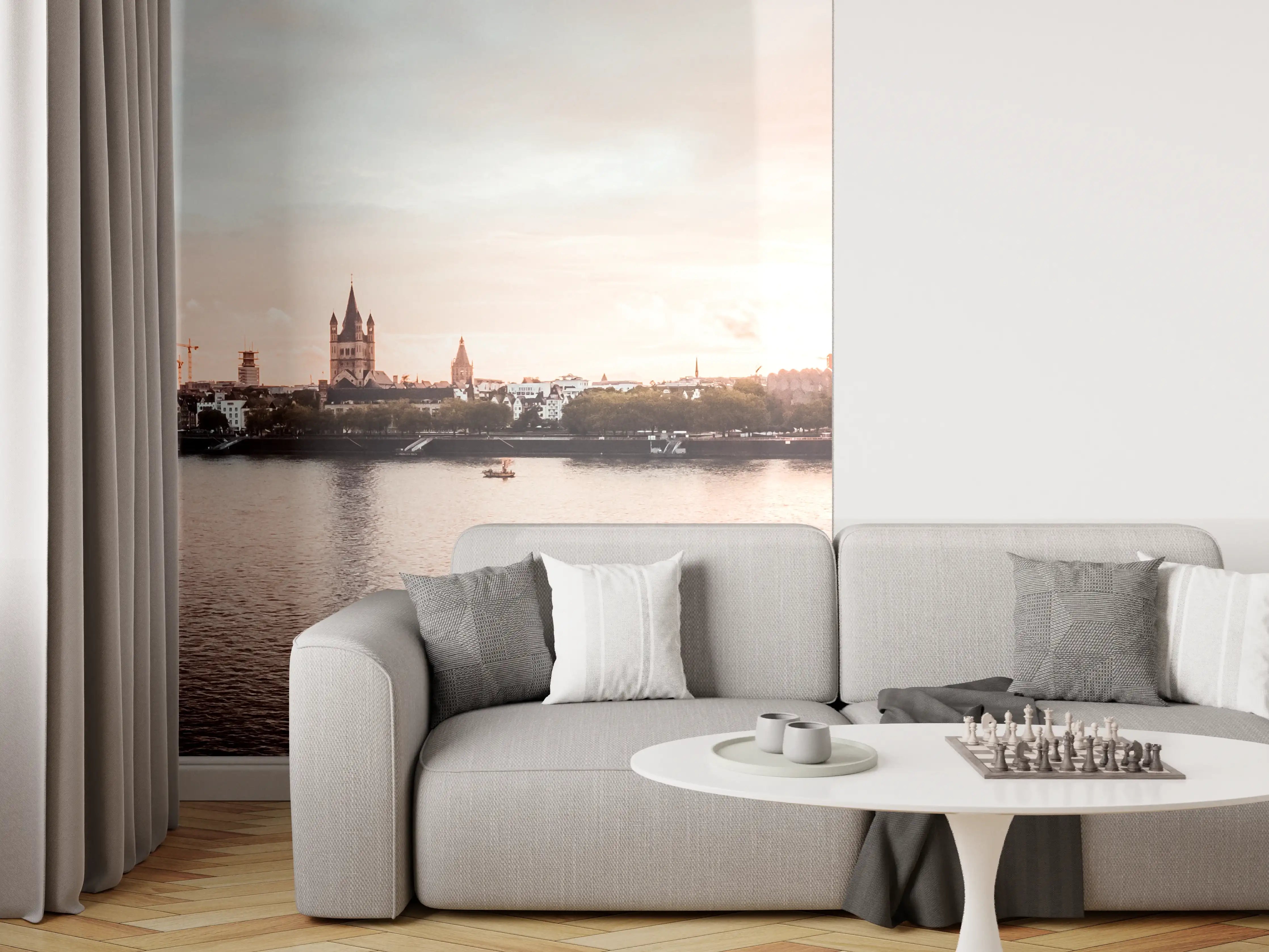 Wandverkleidung Wohnzimmer -  Städtepanorama bei Sonnenuntergang mit Brücke