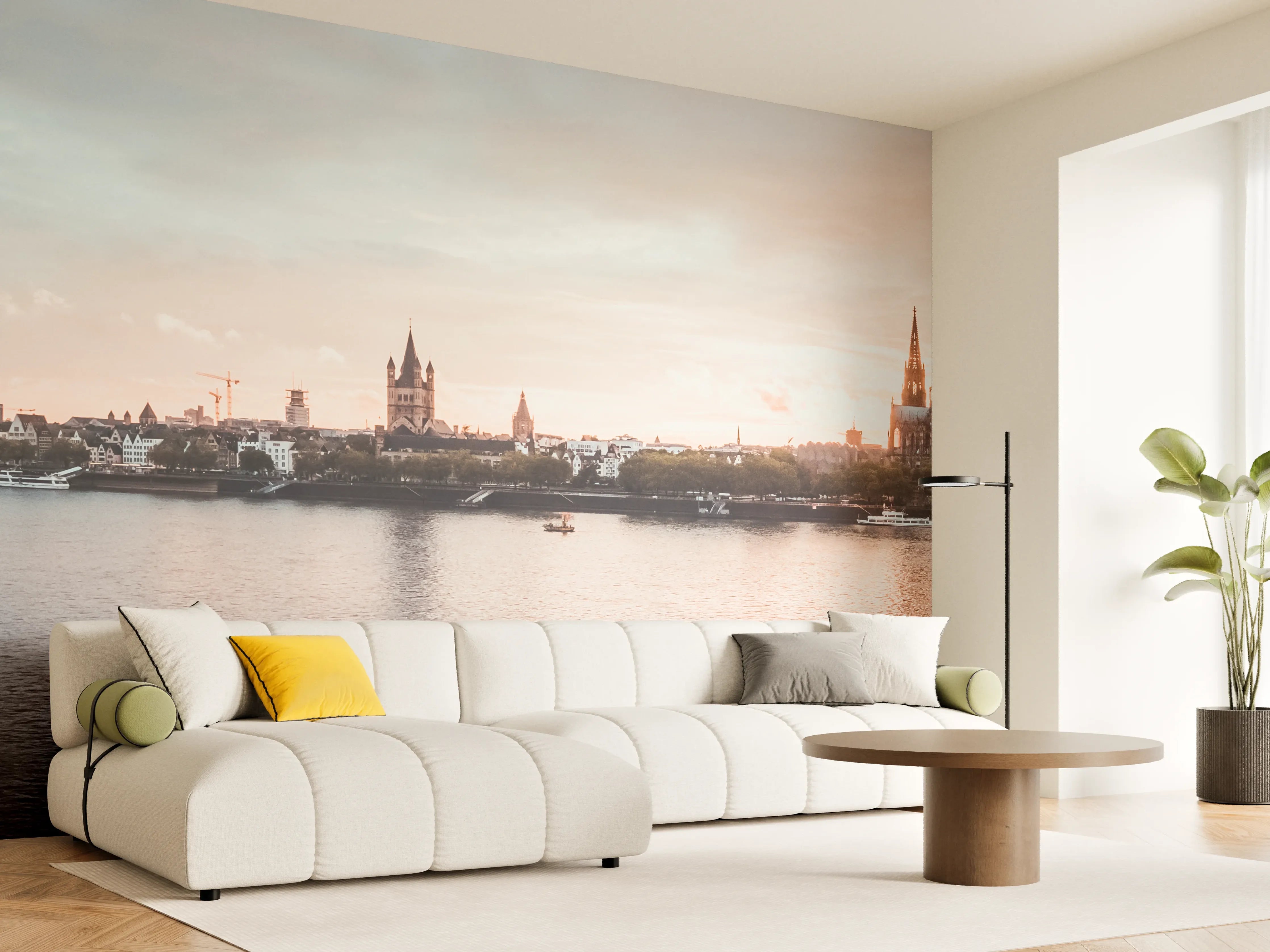 Wandverkleidung Wohnzimmer -  Städtepanorama bei Sonnenuntergang mit Brücke