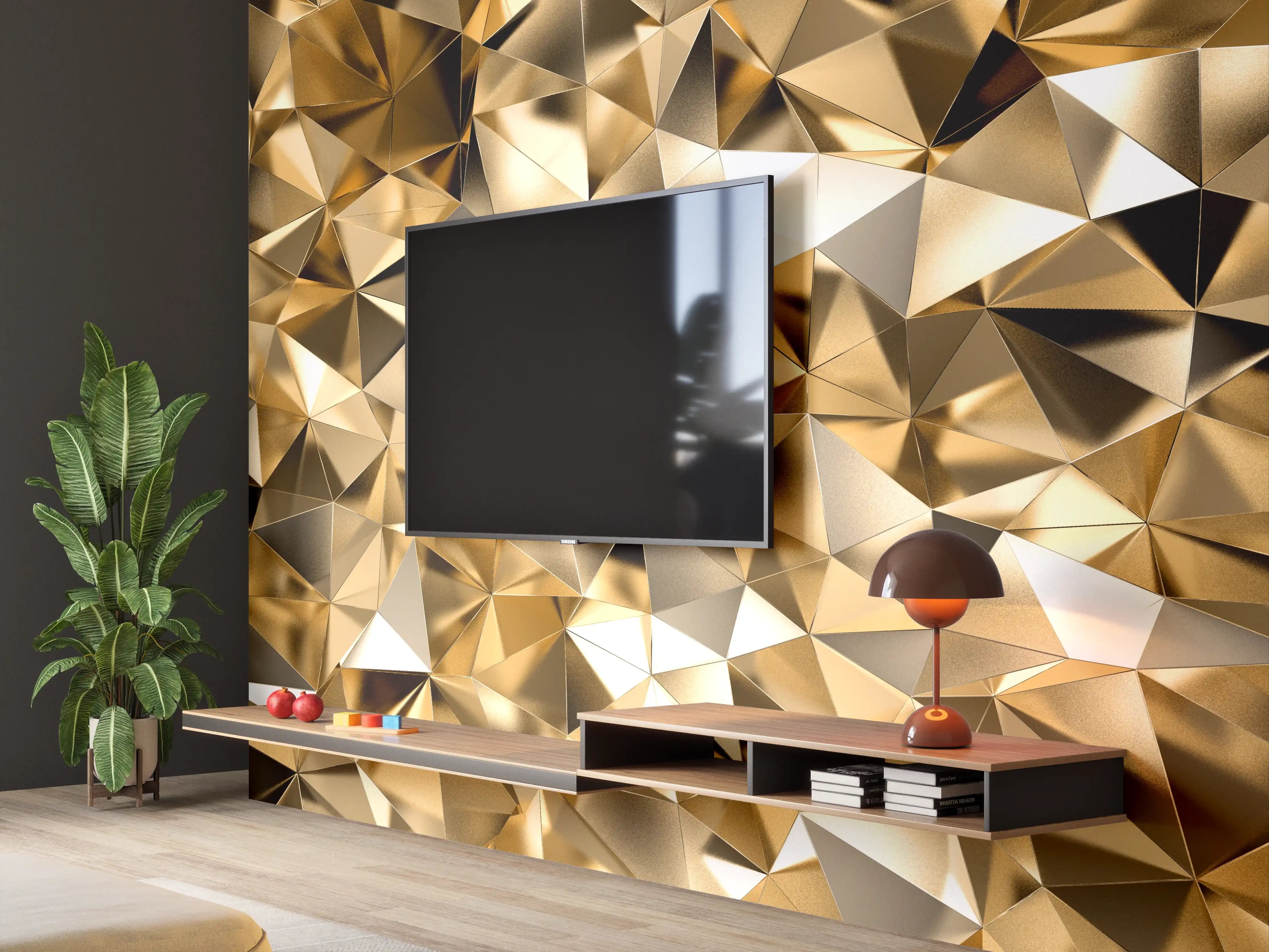 Wandverkleidung Wohnzimmer - 3D Goldenes Kristall Design
