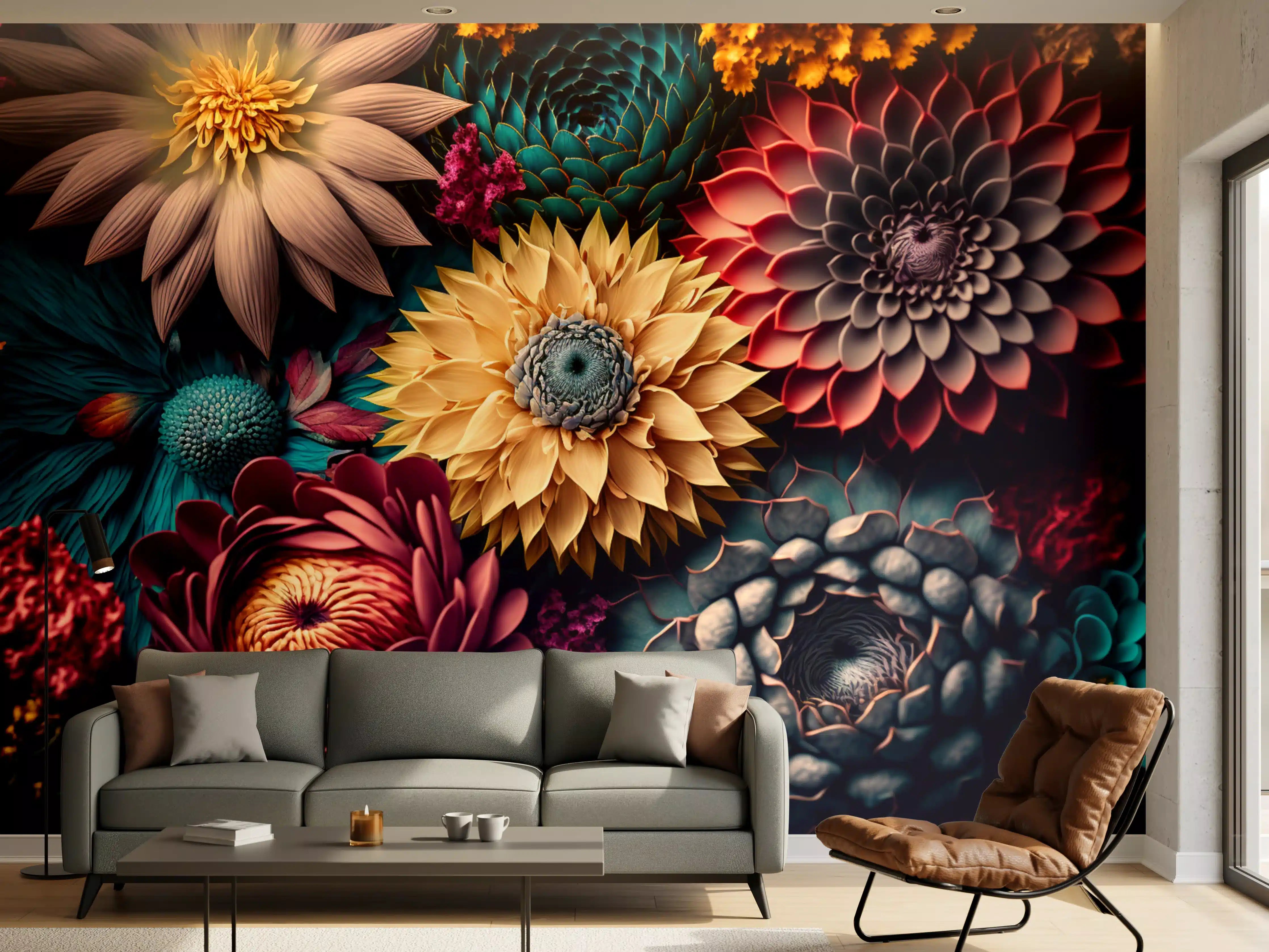 Wandverkleidung Wohnzimmer - A vibrant floral mosaic wallpaper