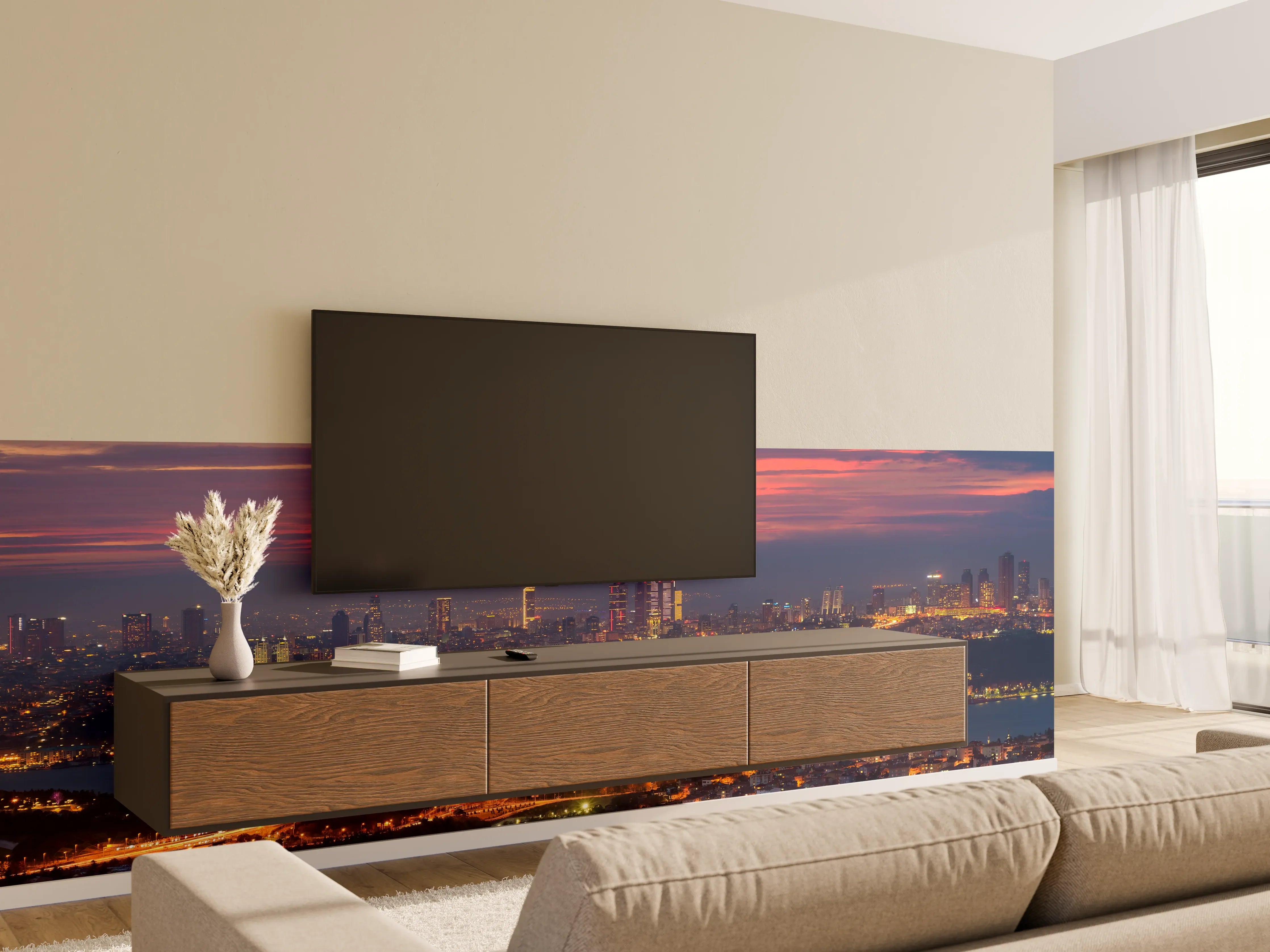 Wandverkleidung Wohnzimmer - Abendliche Skyline mit Brücke bei Sonnenuntergang